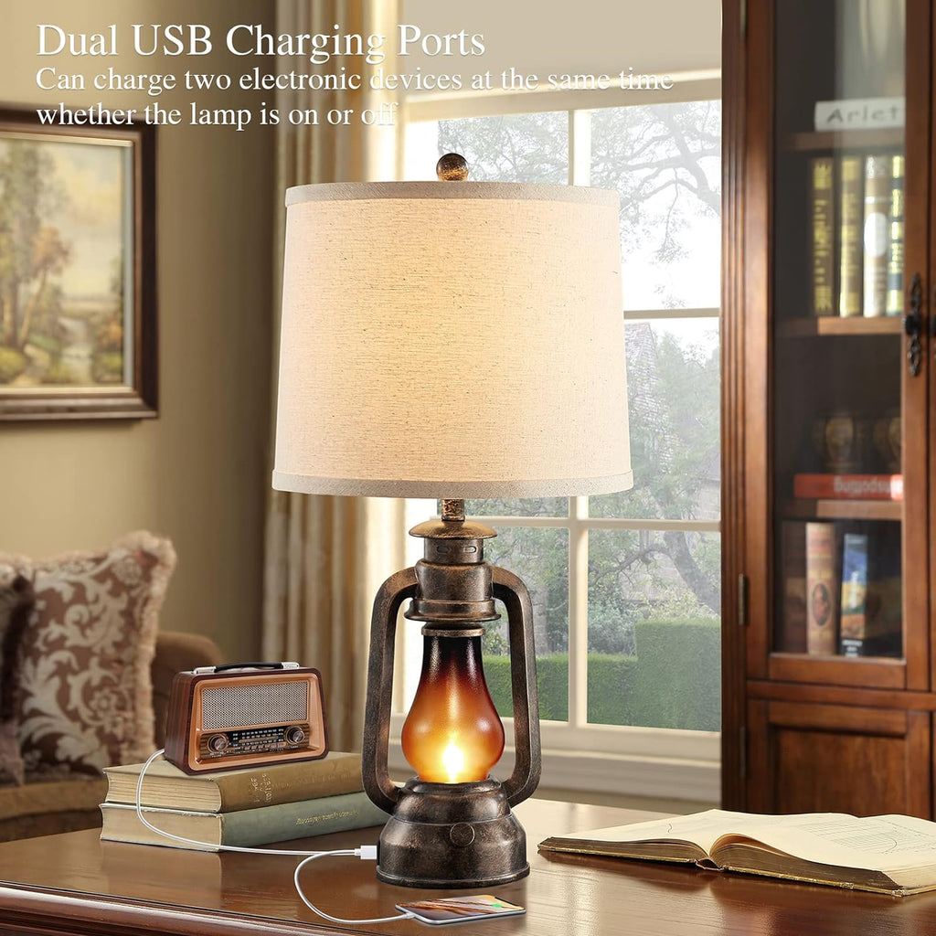 Farmhouse Rustic Table Lamps for Bedroom Set of 2, Vintage Lantern Lamp with Dual USB Charging Ports,25" Retro Antique Bedside Nightstand…