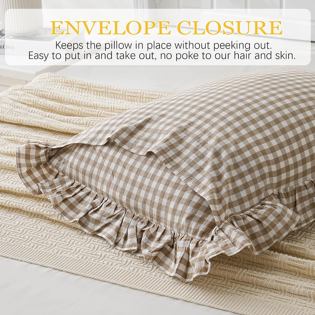 Qilunn 2 Pack Taupe White Plaid Gingham Ruffle Pillow Shams Standard Size 20x26 inches, 100% Washed Cotton Checkered Farmhouse Pillow Cover…