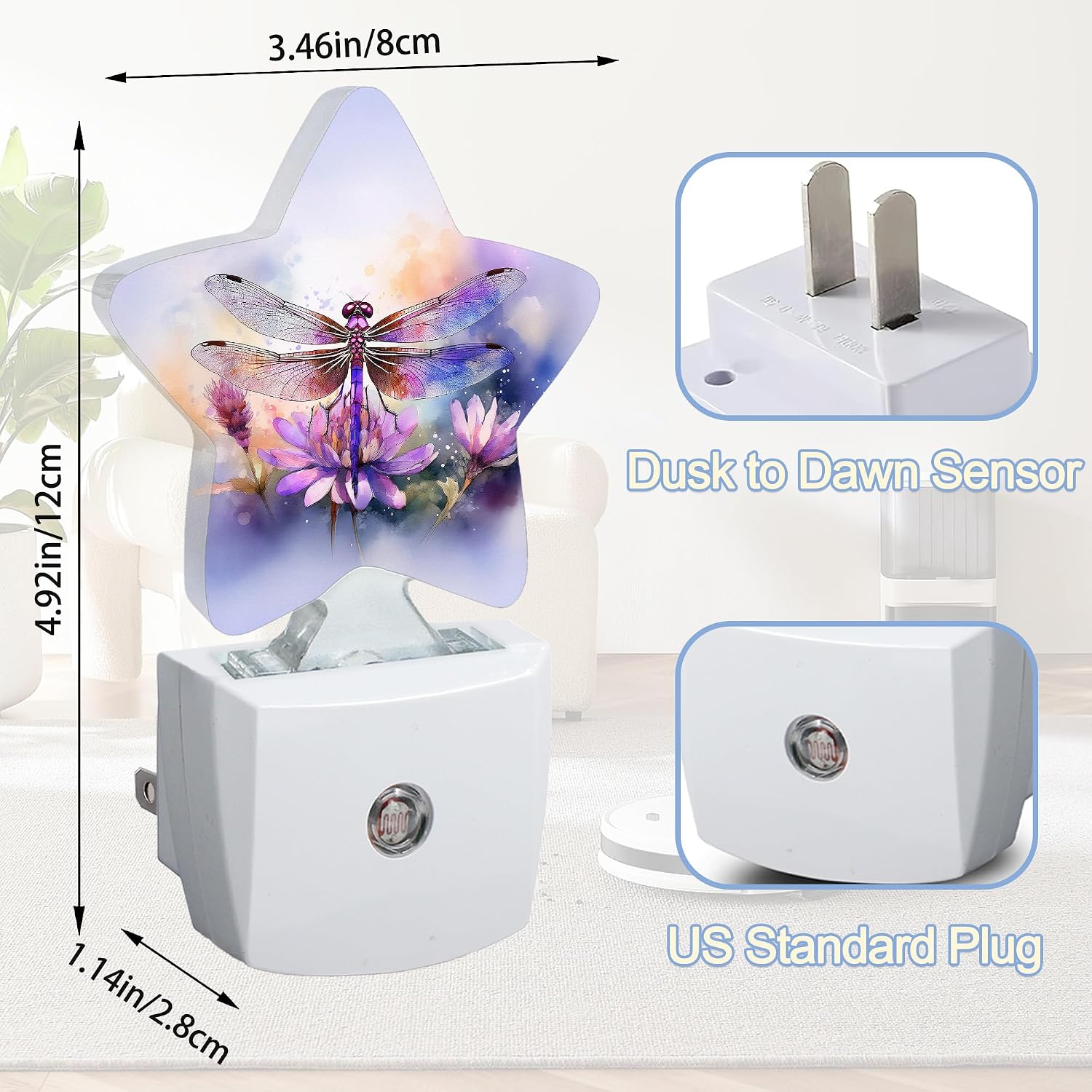 Snowmolle Dragonfly Flower Night Light, Watercolor Plug-in Star Night Lights with Dusk-to-Dawn Sensor for Bedroom, Bathroom, Living Room Sleep…