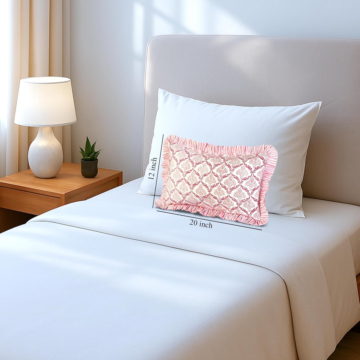 Cottonprintclub CPC Hand Block Print Blush Rose Ruffle Sham Pillow Cover 20" x 12" inch Hidden Zipper Decorative Pillowcase for Couch, Bed,…