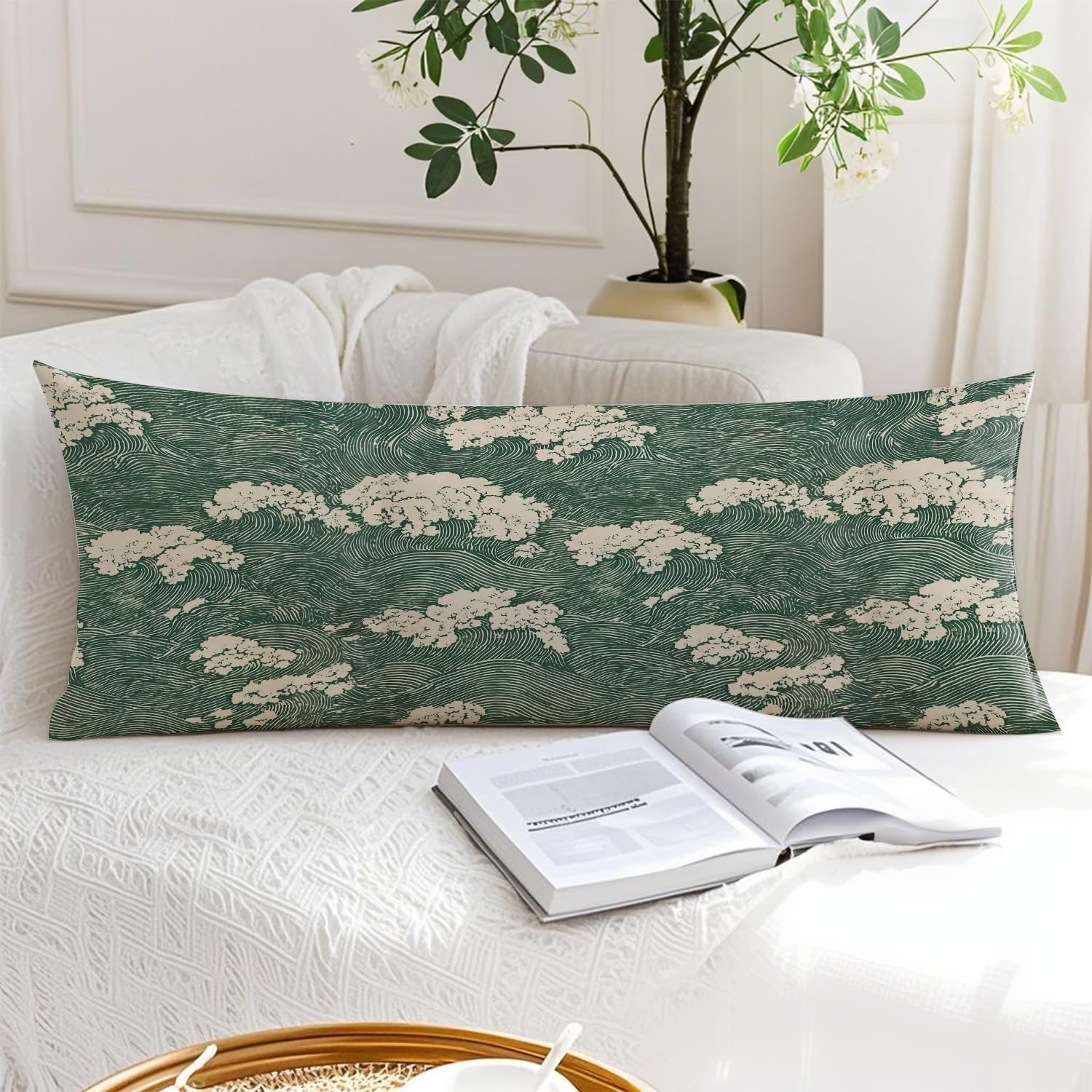 Japanese Waves 20x54 Body Pillow Cover, Japandi Home Decor, Traditional Oriental Forest Green Sea Waves Decorative Long Body Pillow Cases…