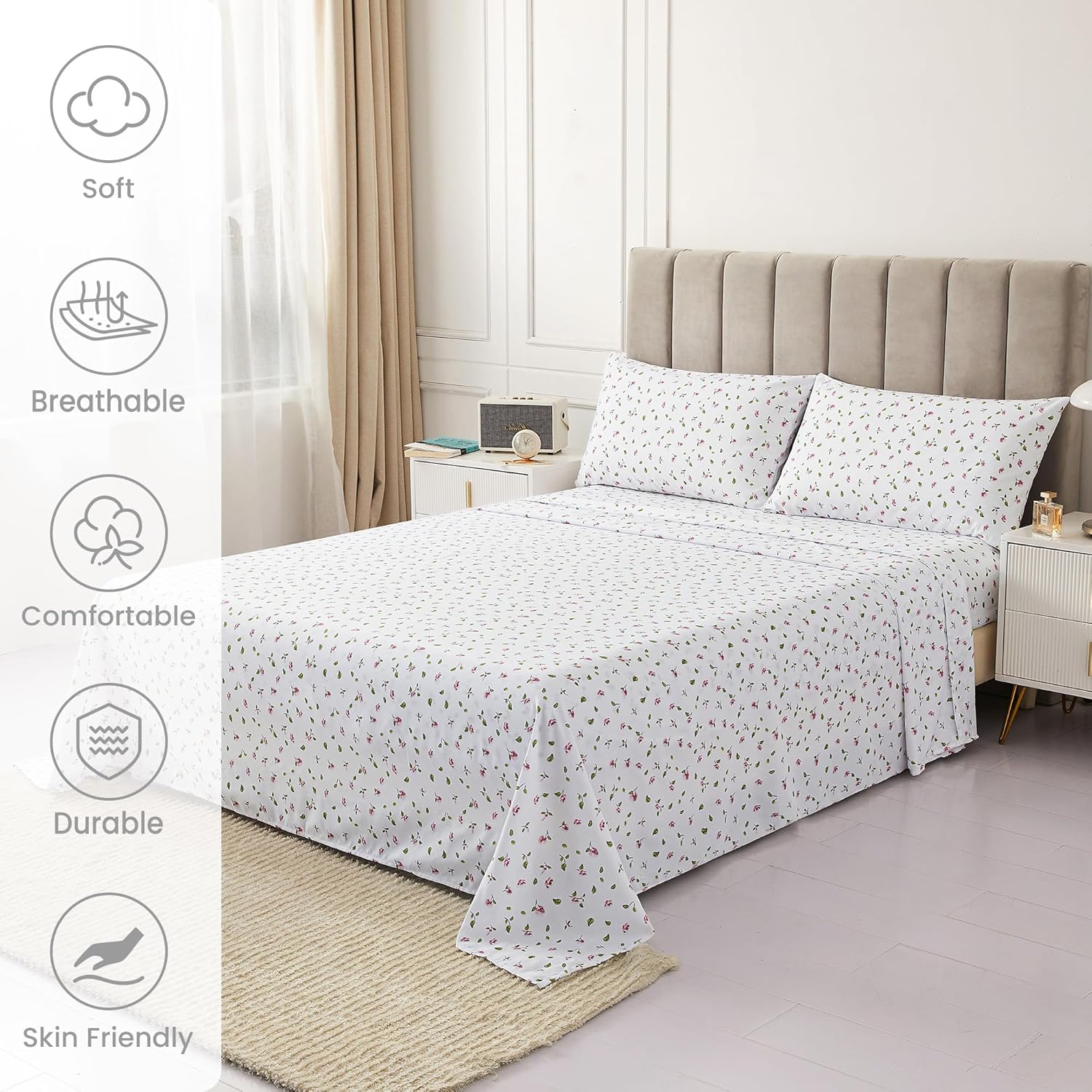 mooreeke Queen Sheets Set - 4 Pieces Soft Breathable Microfiber Bed Sheet Set - Pink Flower Green Leaf Pattern Sheet Set - Deep Pocket Non-…