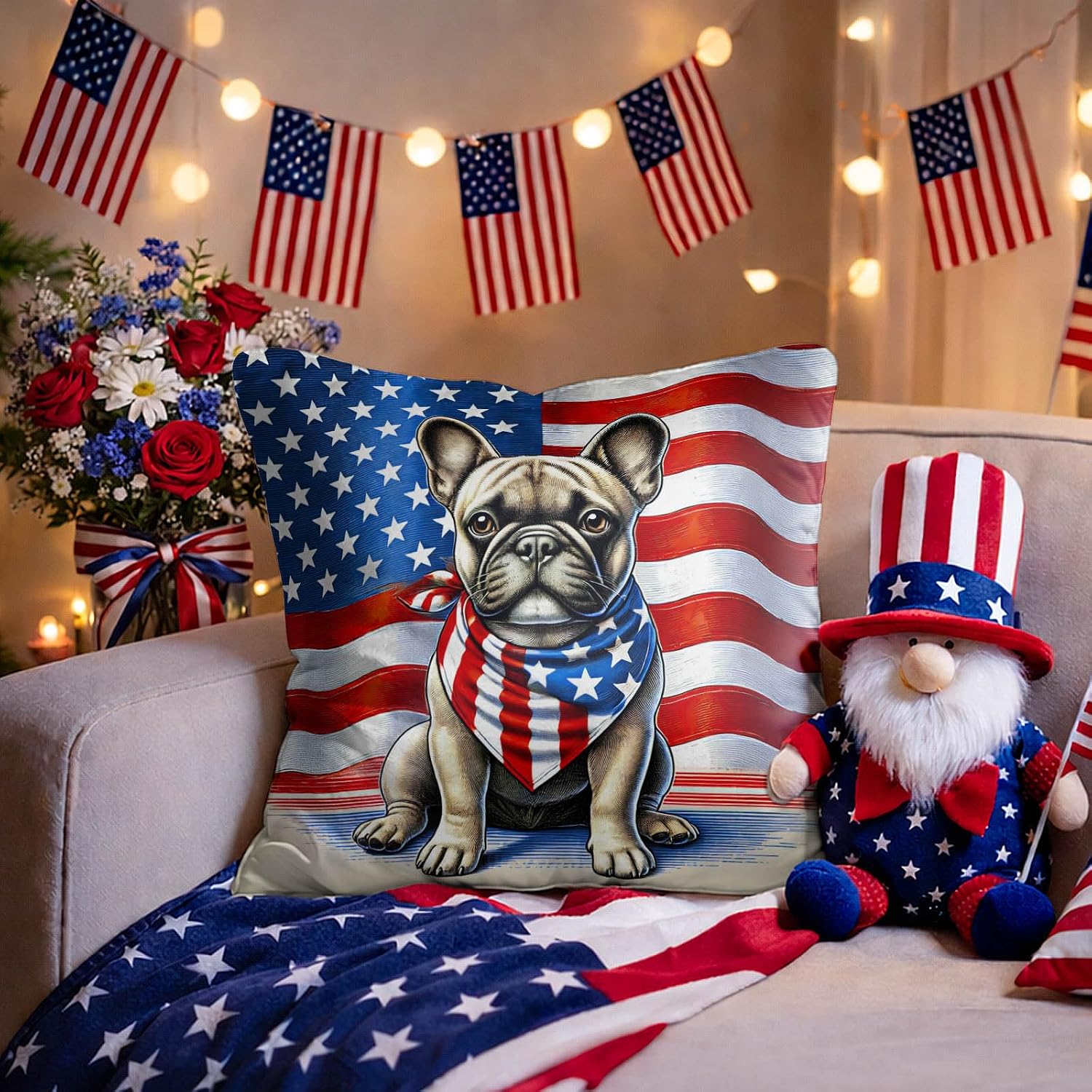 BlissYard Patriotic Dog Throw Pillow Covers 18x18 Set of 2 American Flag Bulldog Pillow Covers 4th of July Independence Day Decorations…