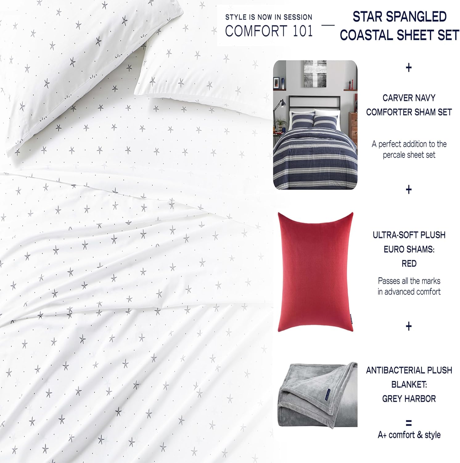 Nautica Queen Sheet Set, Cotton Percale Bedding Set, Crisp & Cool, Lightweight & Breathable (White, Queen) Cotton White