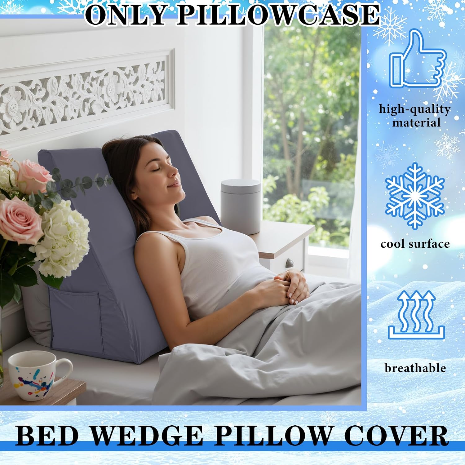 HunnmingRe 24"x24"x12" Cooling Bed Wedge Pillow Case Cover (Only Pillow Case) Wedge Pillowcase Protector with Zipper Soft Breathable Cool P…