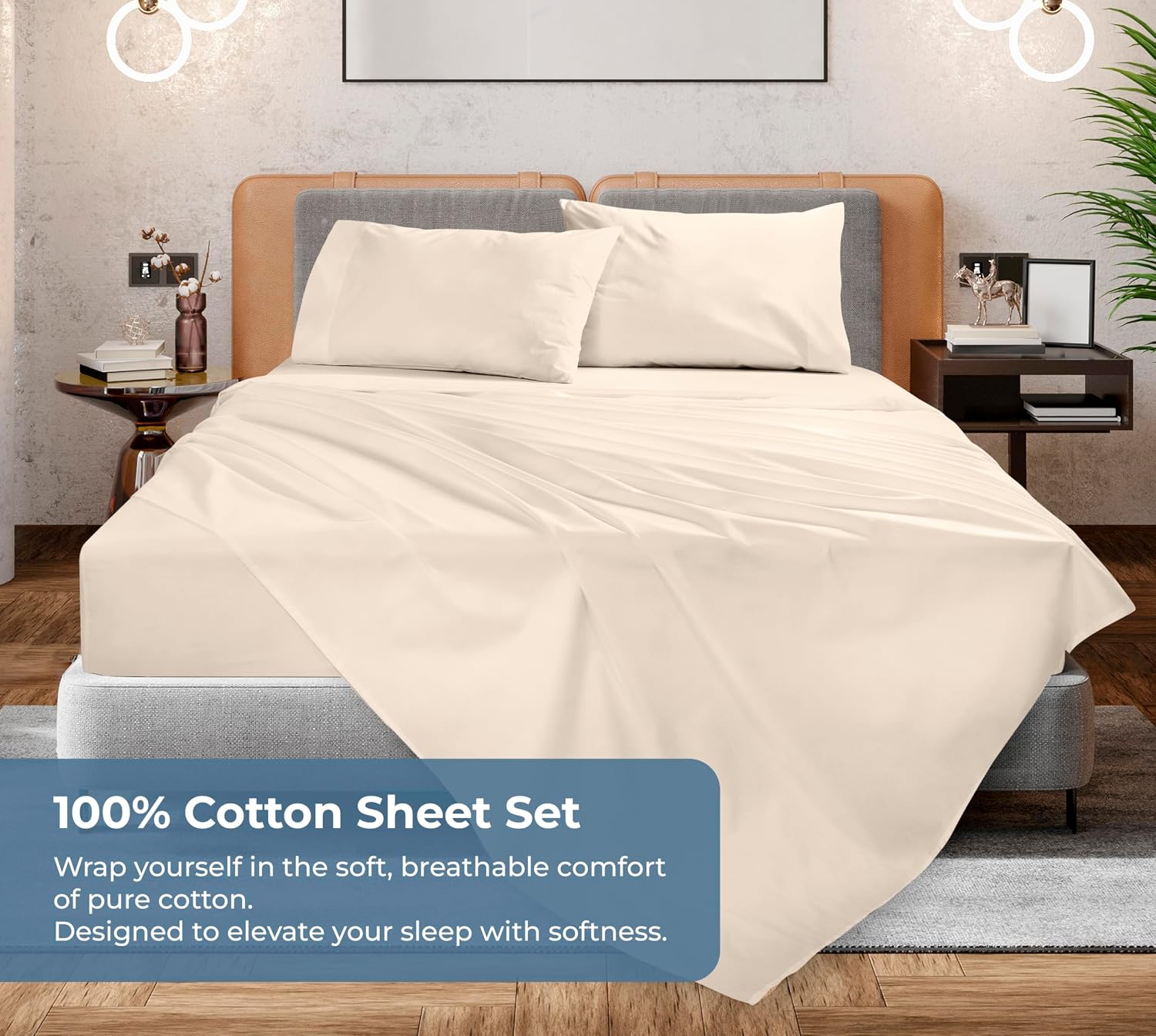 Royalelinens ROYALE LINENS 100% Organic Cotton Full Sheet Set - Percale Weave - 4 Pieces Set - 1 Flat, 1 Deep Pocket Fitted Sheet and 2 Pil…