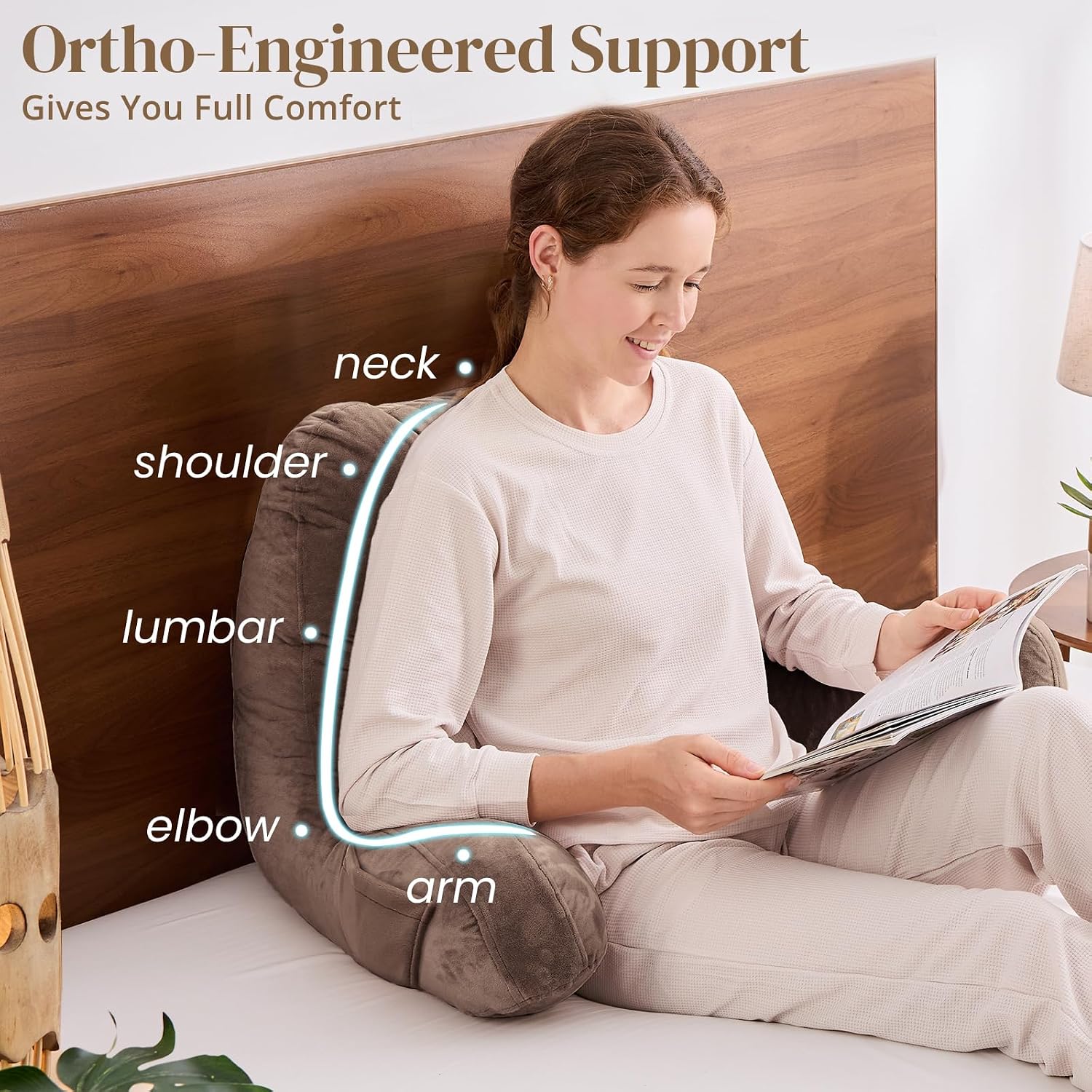 Sasttie Reading Pillow, Pillows for Reading or Relaxing – Ergonomic Support for Head, Neck, Back, and Lumbar, 21-Inch, Khaki