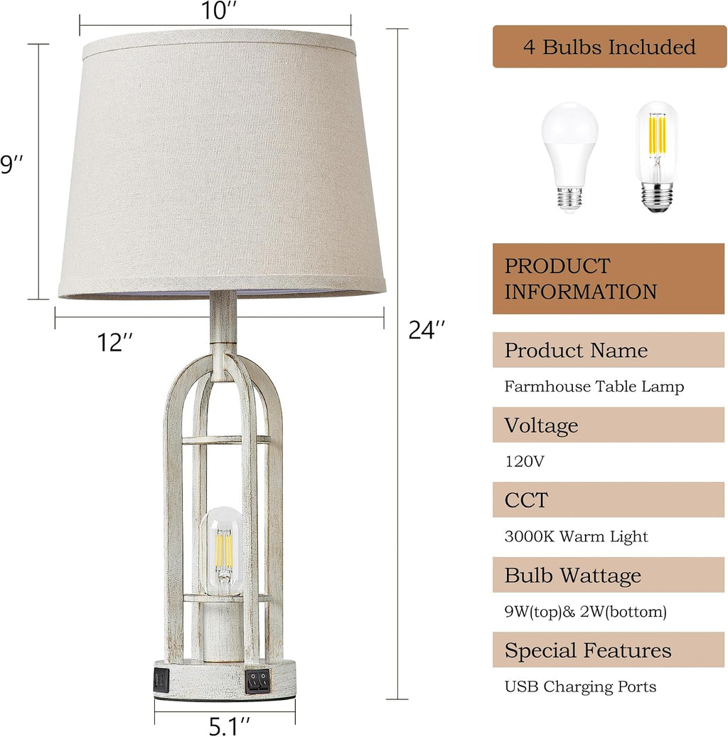 SRJJA Farmhouse Table Lamps for Living Room Set of 2 - Rustic Industrial Bedside Lamps for Bedroom Nightstand with Nightlight and USB…
