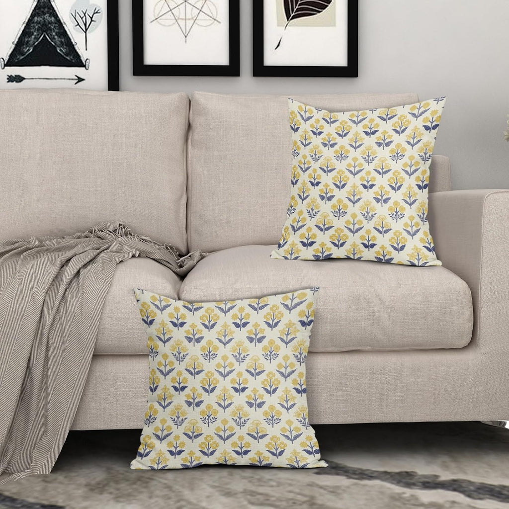 Navy Blue Yellow Floral Block Print Pillow Covers 20x20 Inch Set of 2, Vintage Flower Pattern Decorative Throw Pillowcases Outdoor…