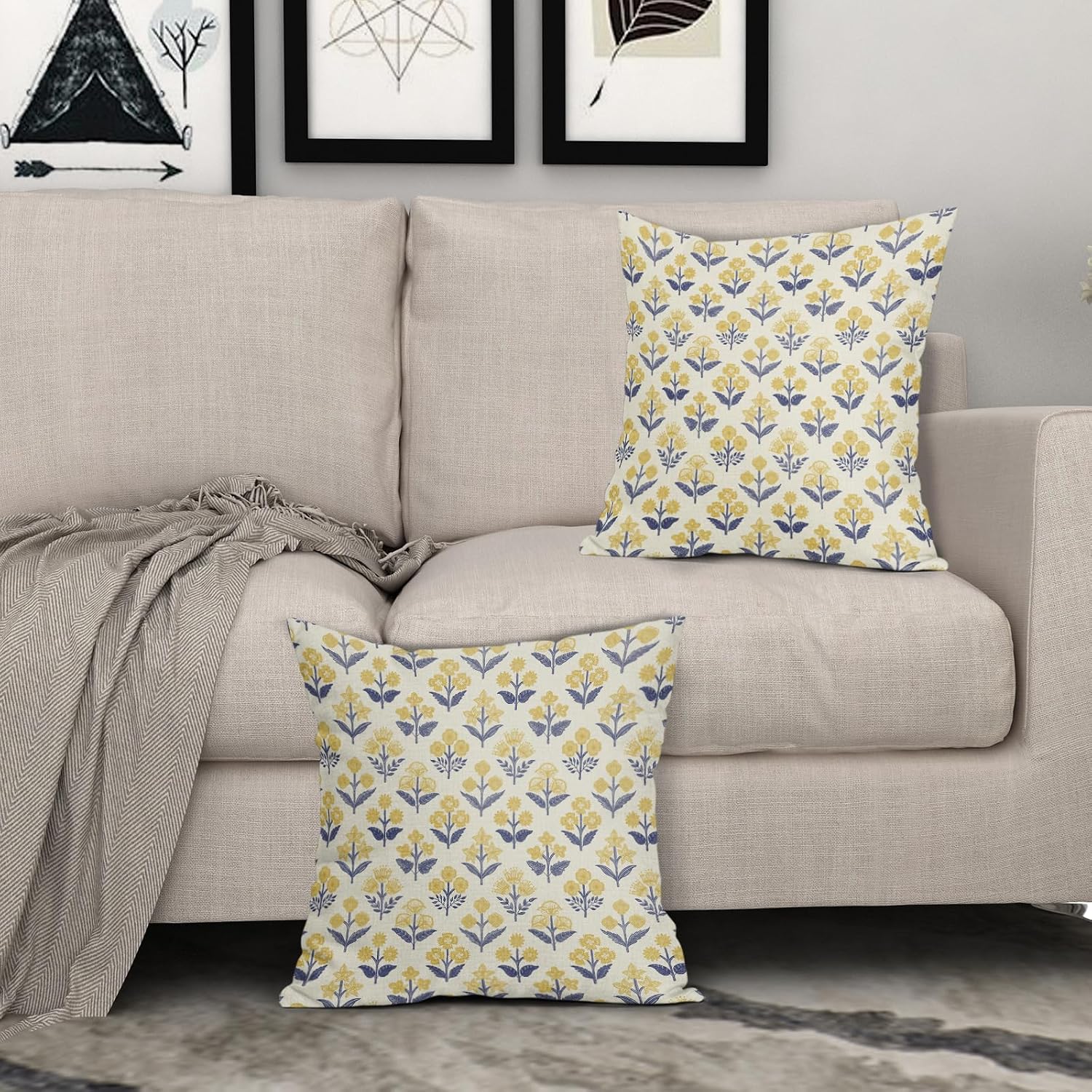 Navy Blue Yellow Floral Block Print Pillow Covers 20x20 Inch Set of 2, Vintage Flower Pattern Decorative Throw Pillowcases Outdoor…