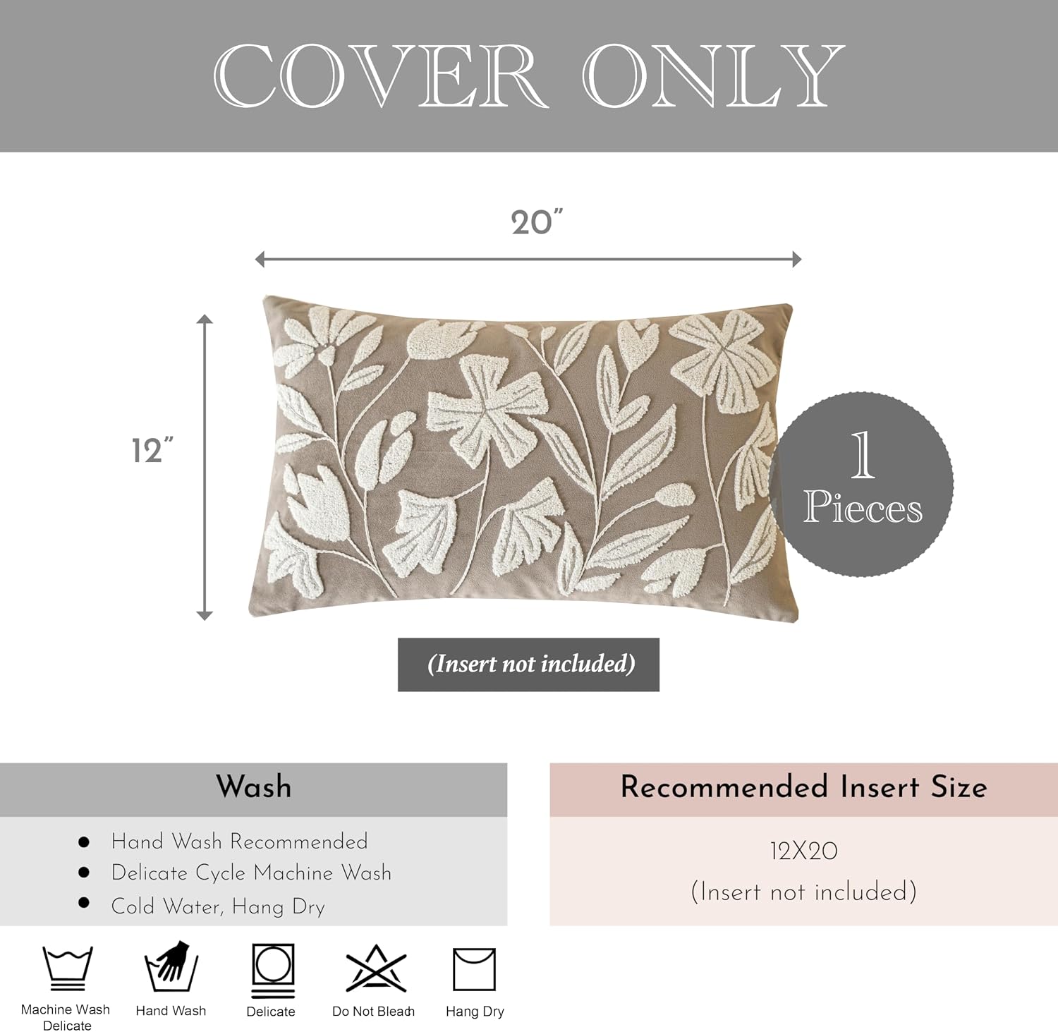 BlissBlush 12x20 Lumbar Pillow Cover, Rectangular Taupe Decorative Throw Pillowcase for Couch Sofa, Embroidered Velvet Farmhouse Accent…