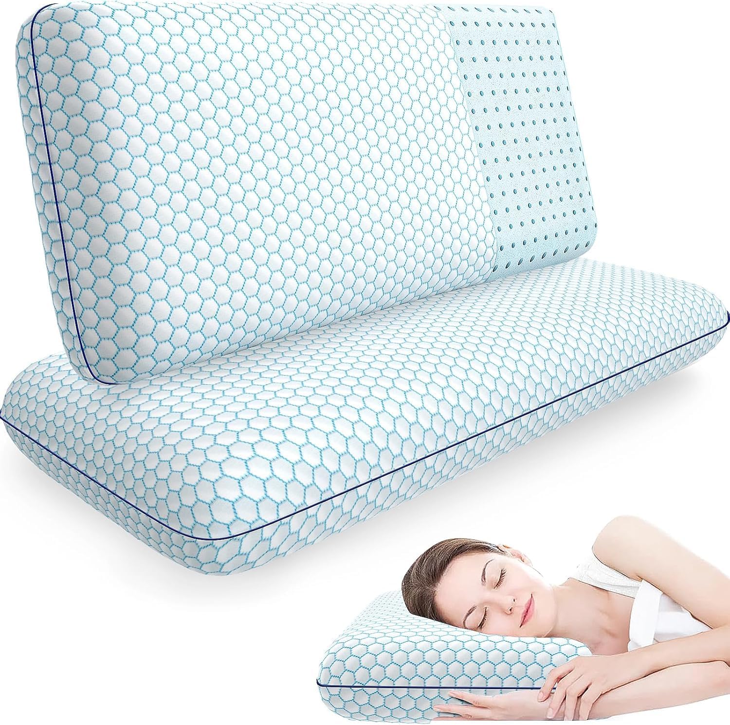 CushyOasis Memory Foam Pillows for Side, Back and Stomach Sleepers, Set of 2, Bed Pillow with Washable Cover and Breathable Mesh, Bed Pillo…