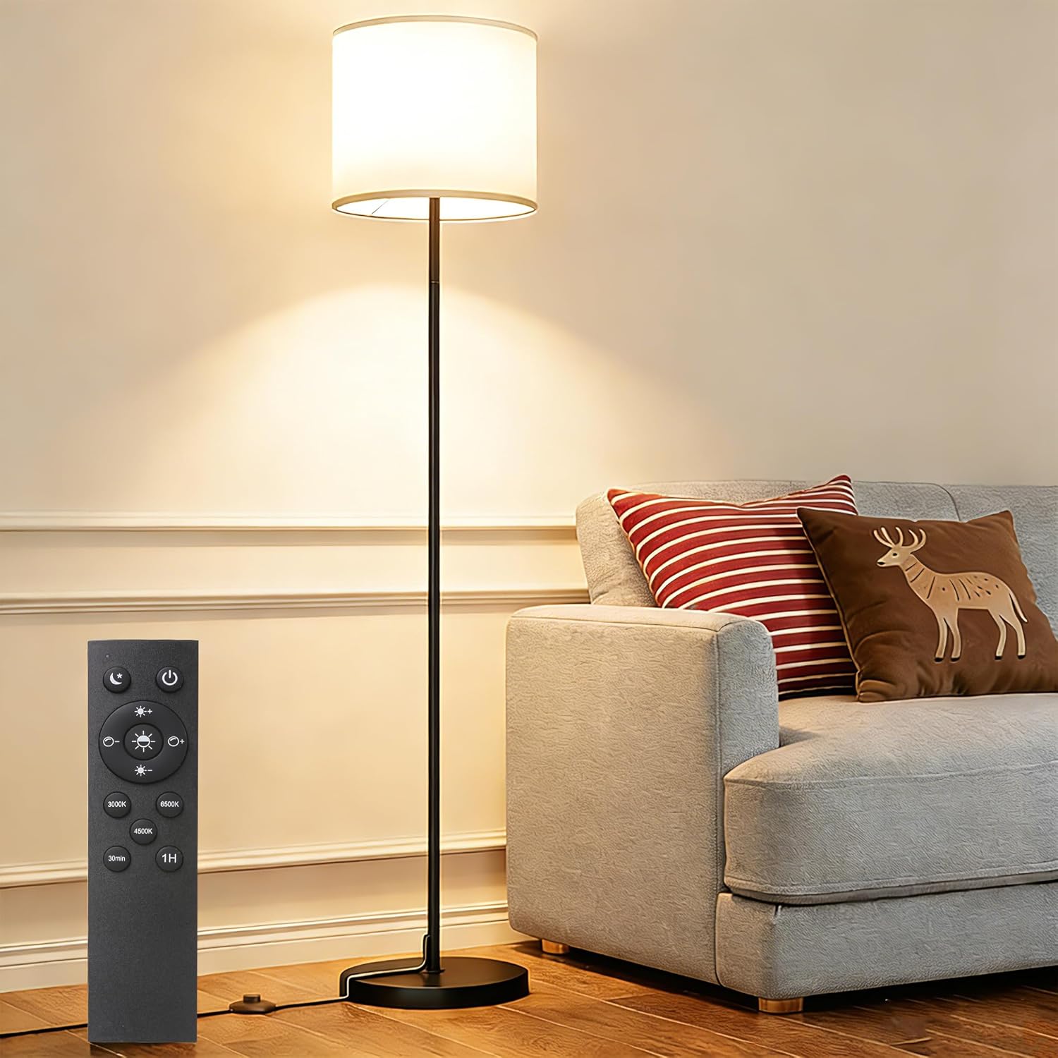 Keepsmile Dimmable Floor Lamps for LivingRoom with 12W LED Bulb, Foot Switch, Remote Custom Color Temperature Floor Light, Linen Shade…