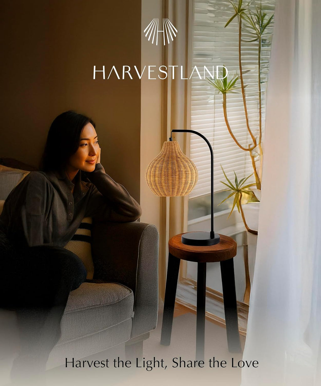 Harvestland Sunwoven 20” Boho Table Lamp – Woven nightstand lamp, Rattan Lamp with Curved Black Metal Frame for Bedside Lamp, Wicker lamp f…