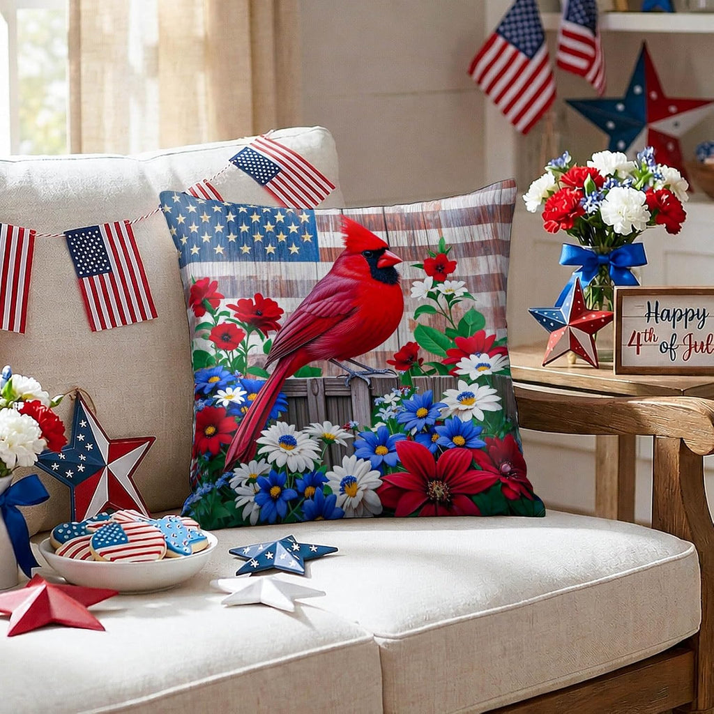 BlissYard Patriotic Cardinal Pillow Covers 18x18 Set of 2 American Flag Throw Pillow Covers 4th of July Decorative Pillow Covers Satin…