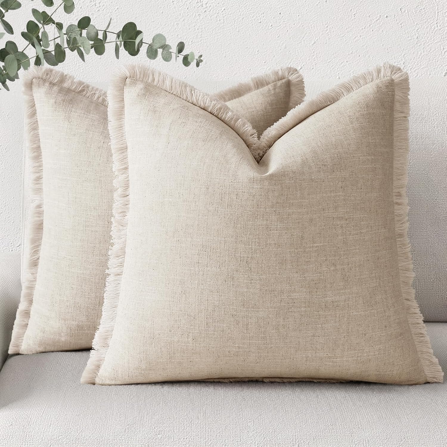 decorUhome Summer Decorative Neutral Linen Fringe Euro Sham Throw Pillow Covers Set of 2 Natural Beige Pillow Covers with Tassels Soft Farm…