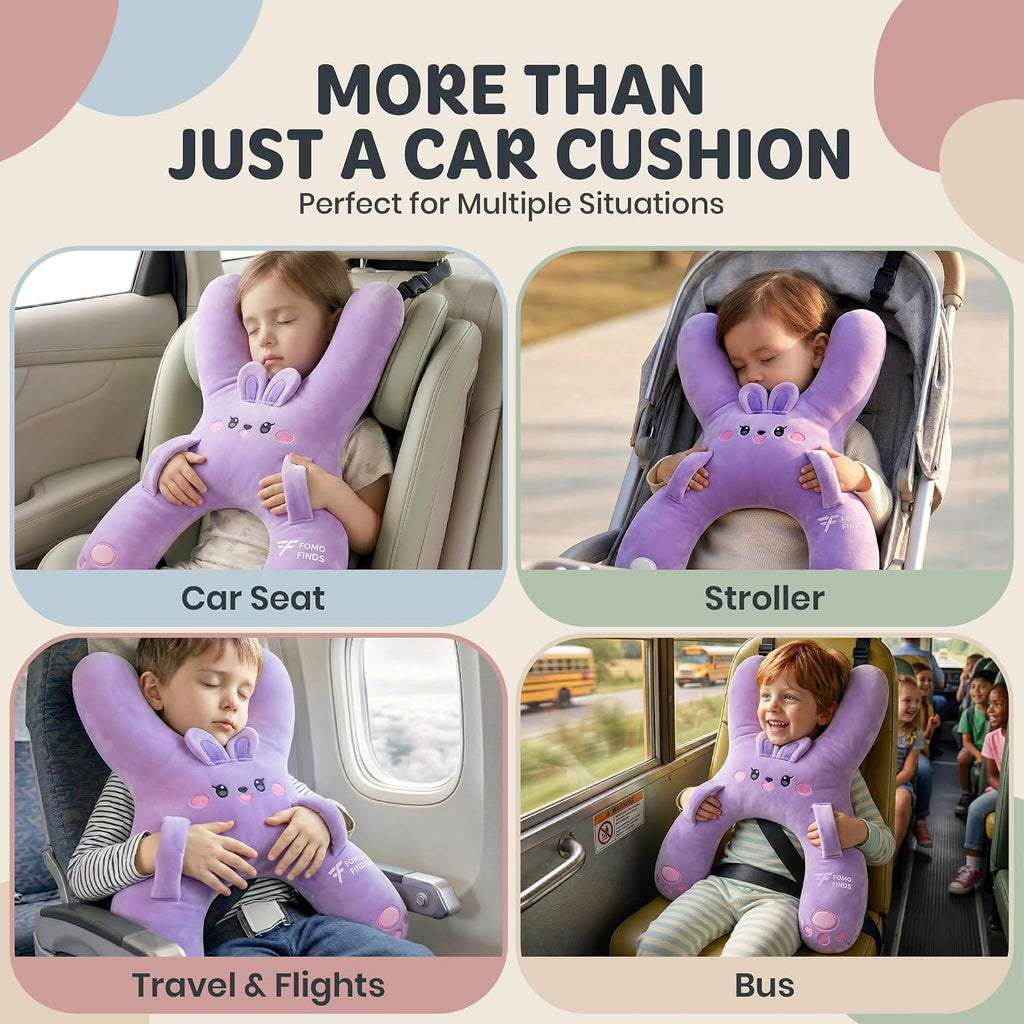 Kids Car Sleeping Pillow - X-Shaped Plush Animal for Neck & Back Support - Hands & Seat Belt Slot - Machine Washable & Compressible…