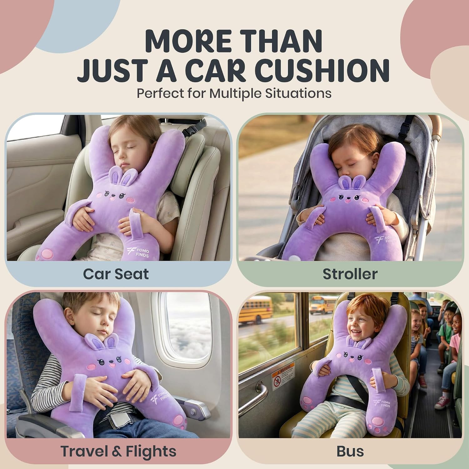 Kids Car Sleeping Pillow - X-Shaped Plush Animal for Neck & Back Support - Hands & Seat Belt Slot - Machine Washable & Compressible…