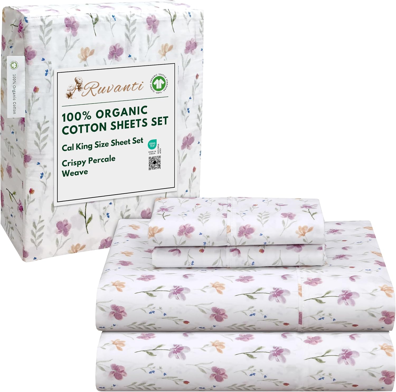 Ruvanti 100% Cotton Organic Percale Sheets Cal King Size – Crisp Cooling Bed Sheets for Hot Sleepers, Deep Pocket 13”, Soft Peach Finish, B…