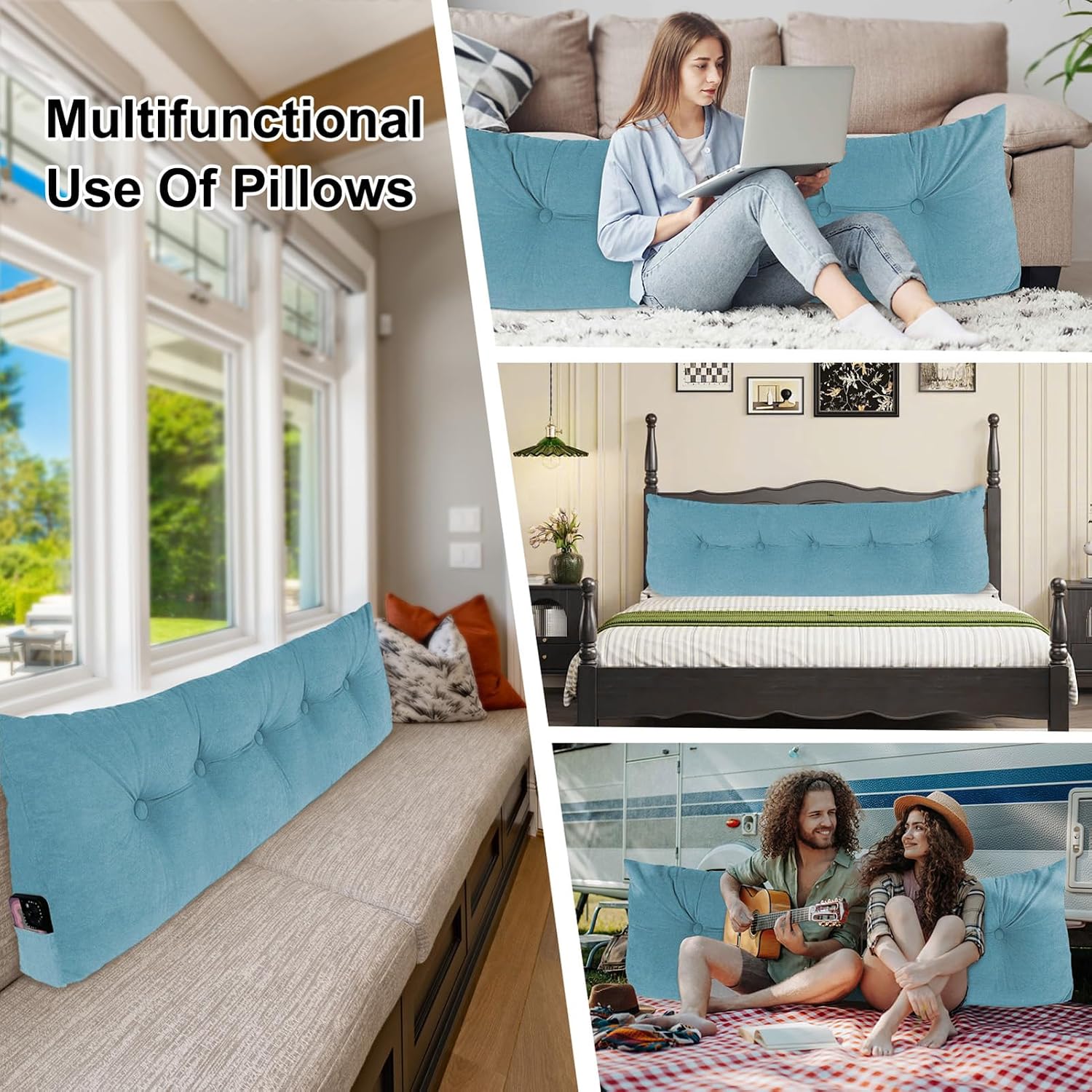 Dizaolive Headboard Pillow Twin, Triangular Bed Wedge Backrest Reading Pillow Cushion for Dorm Sofa Day Bed Blue 8 inches cotton Blue