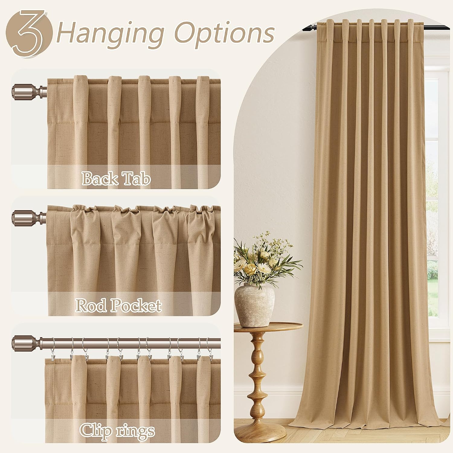 Guken 100% Blackout Linen Curtains 96 Inch Length 2 Panels Set for Living Room Bedroom Back Tab Thermal Insulated Black Out Linen Drapes Ro…