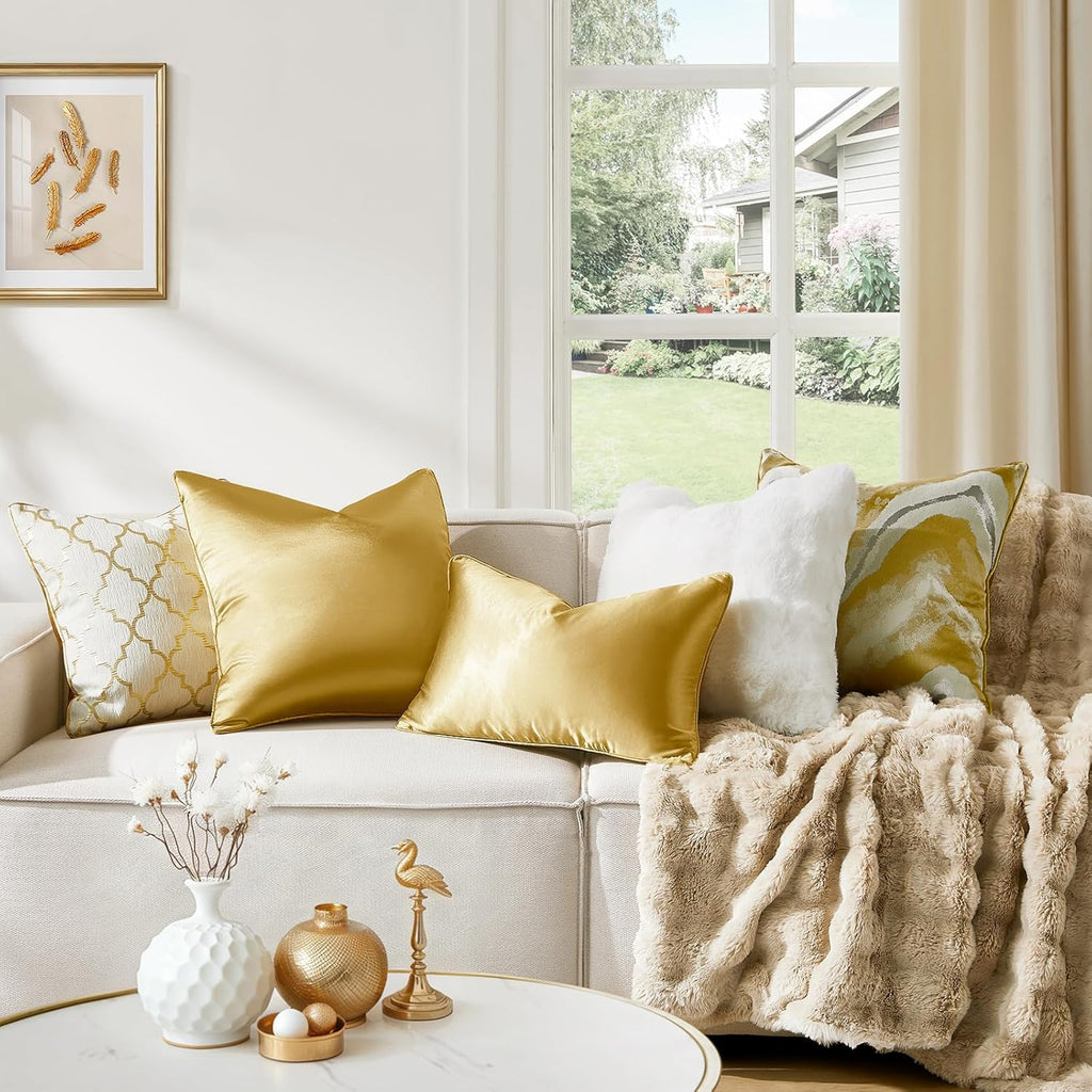 Homeideas Gold Decorative Throw Pillow Covers 20x12 Set of 2, Glossy Faux Silk Lumbar Pillow Covers for Couch Sofa Bed Decor Luxury Summer…