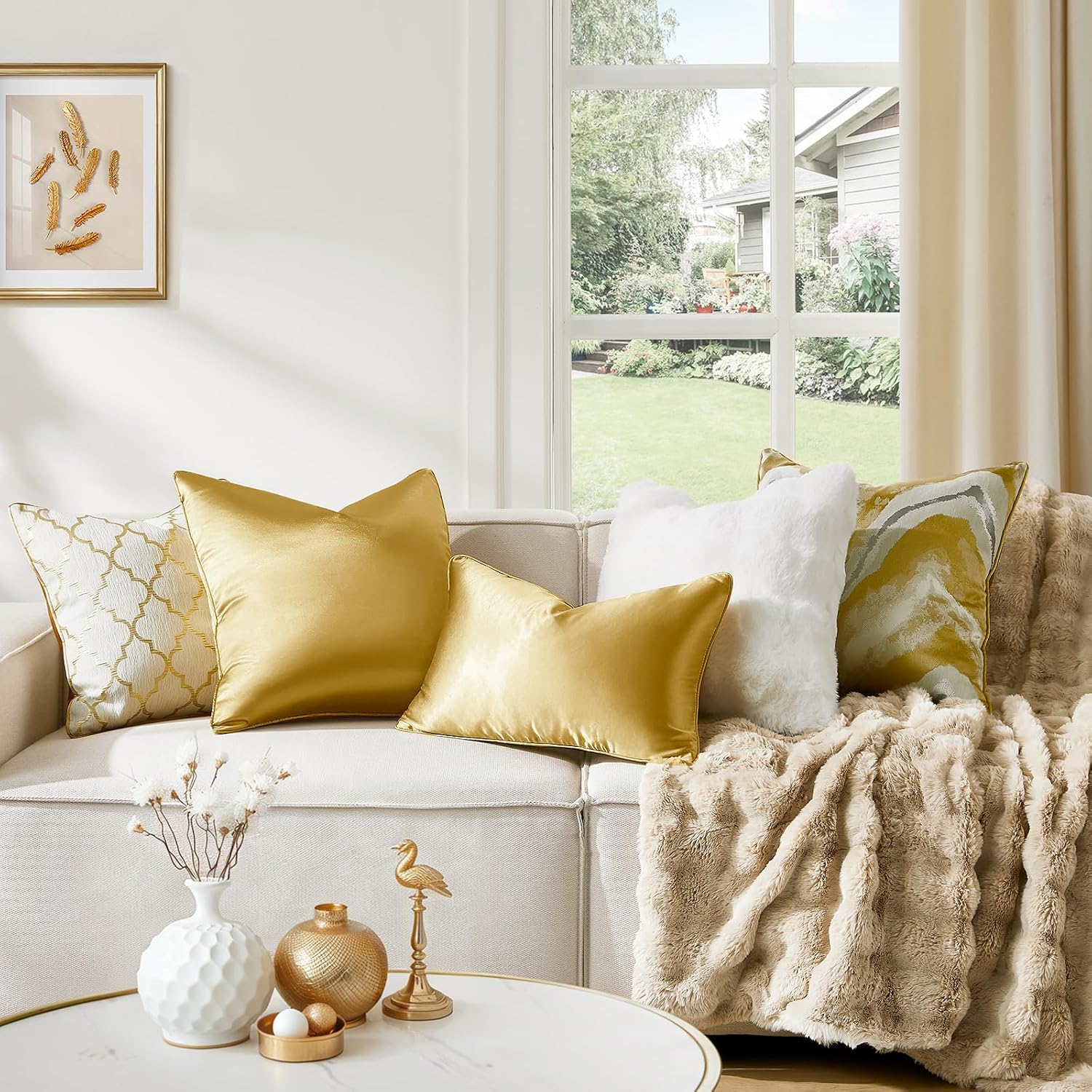 Homeideas Gold Decorative Throw Pillow Covers 18x18 Set of 2, Glossy Faux Silk Pillow Covers for Couch Sofa Bed Decor Luxury Euro Summer Cu…