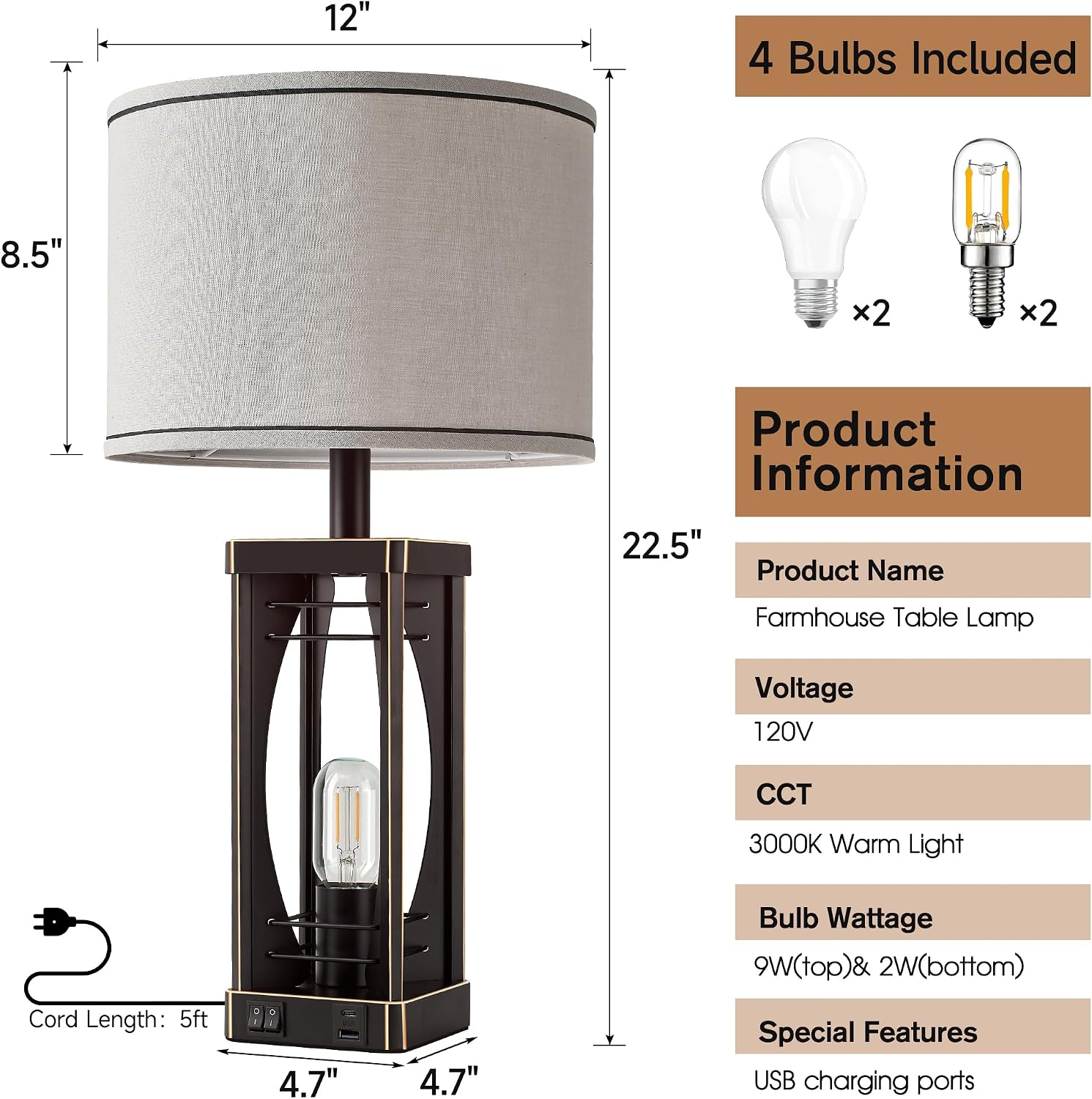 SRJJA Farmhouse Table Lamps Set of 2 for Living Room, Rustic Industrial Bedside Lamps with USB A+C Charging Ports, 22.5" Dual Light…