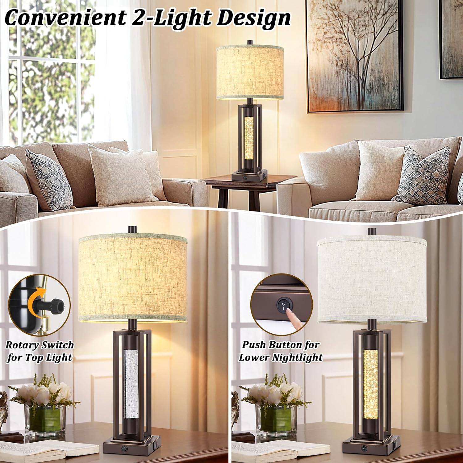 Tobusa 26’’ Vintage Table Lamps for Living Room Set of 2, Farmhouse Lamps for Bedroom with 2 USB Ports and Crystal Night Light, Rustic Beds…
