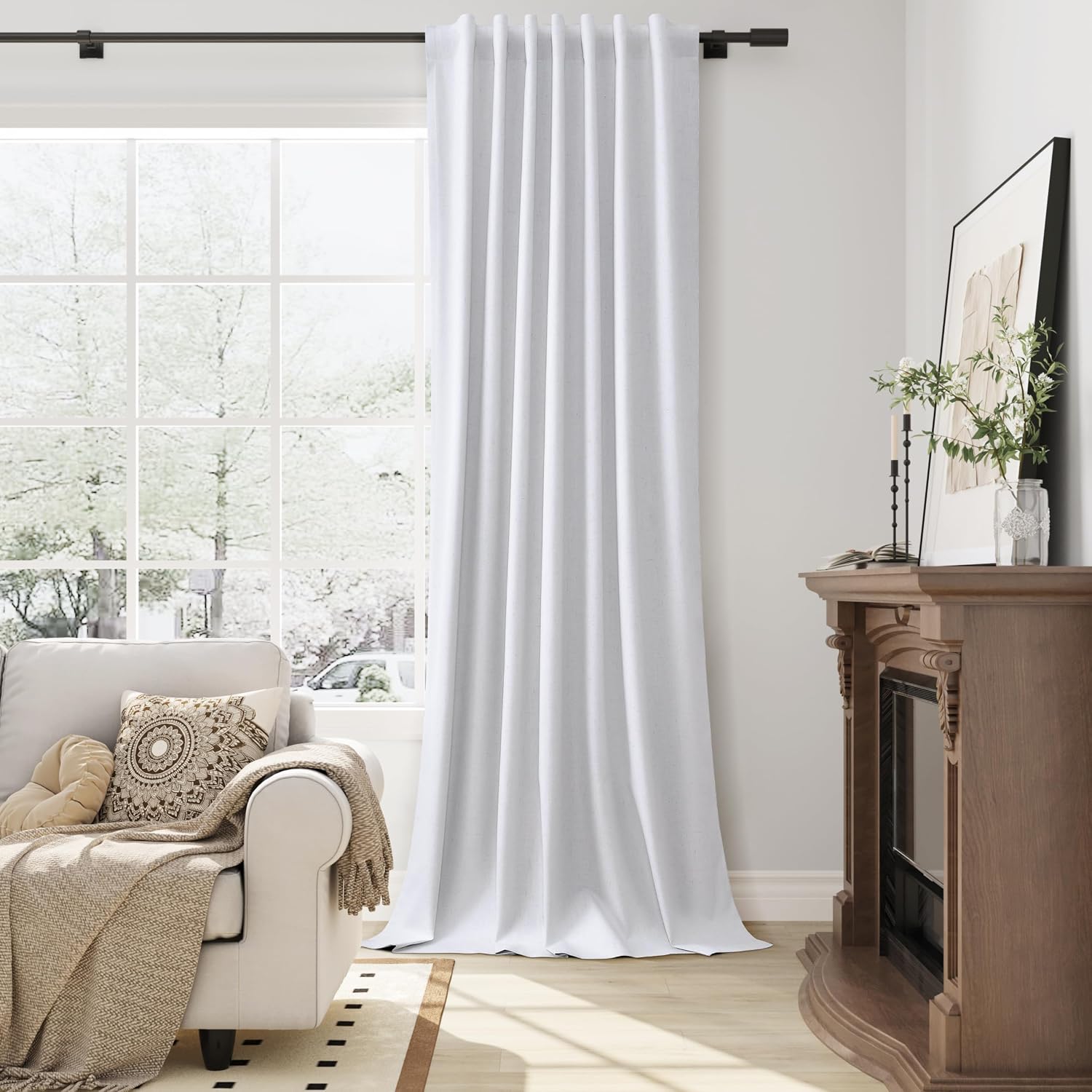 Guken Beige White 100% Blackout Linen Curtains 90 Inches Long 2 Panels Room Darkening Curtain for Bedroom Living Room Back Tab Hook Belt Bl…