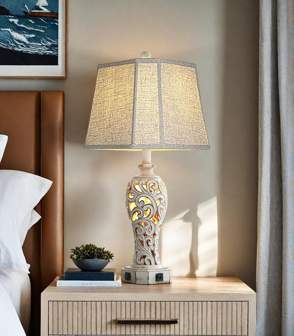 25'' Farmhouse Table Lamp for Living Room Bedroom, 2 USB Ports Vintage Rustic Nightstand Desk Lamp with Nightlight, White Hollow Out…