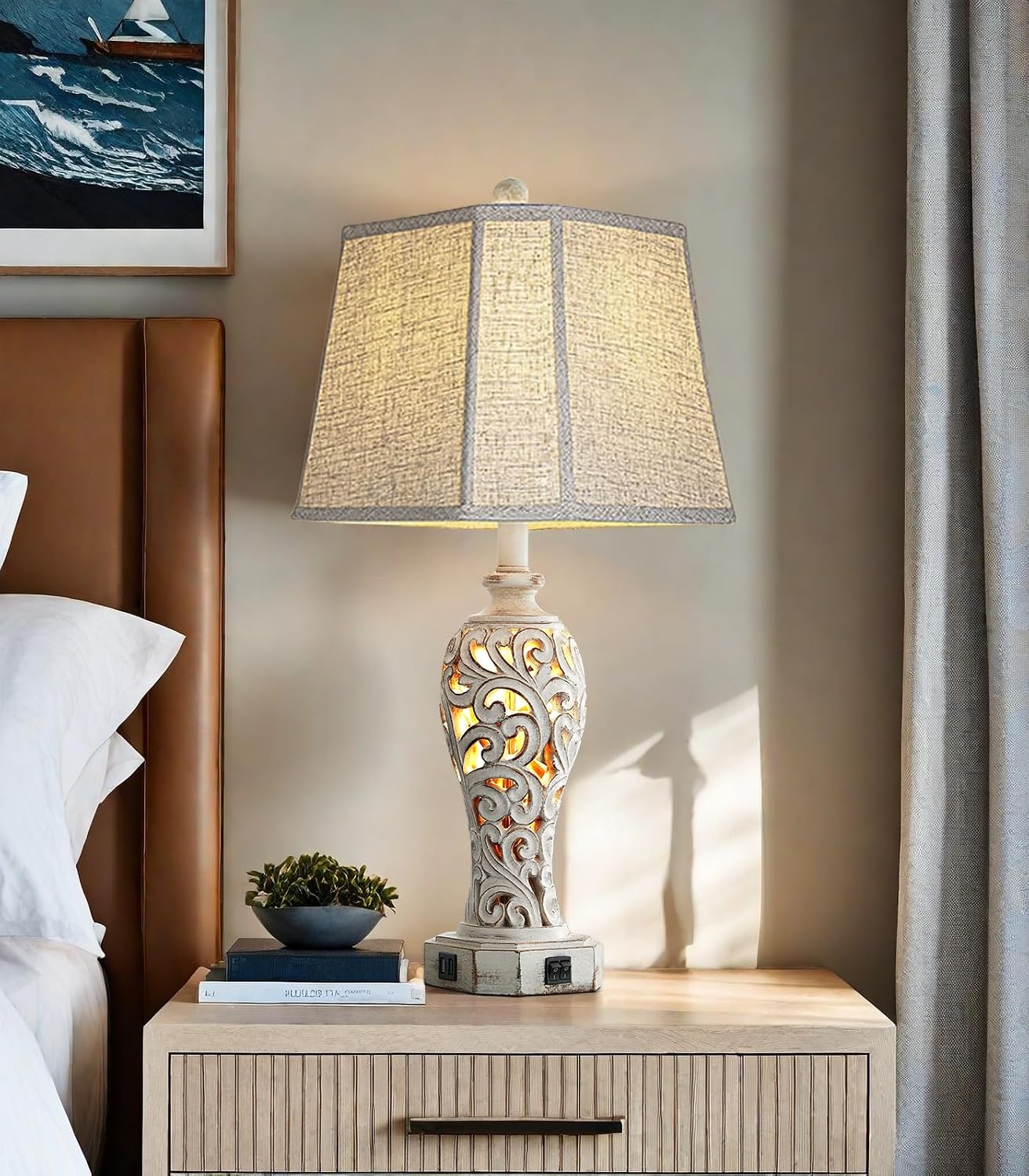 25'' Farmhouse Table Lamp for Living Room Bedroom, 2 USB Ports Vintage Rustic Nightstand Desk Lamp with Nightlight, White Hollow Out…