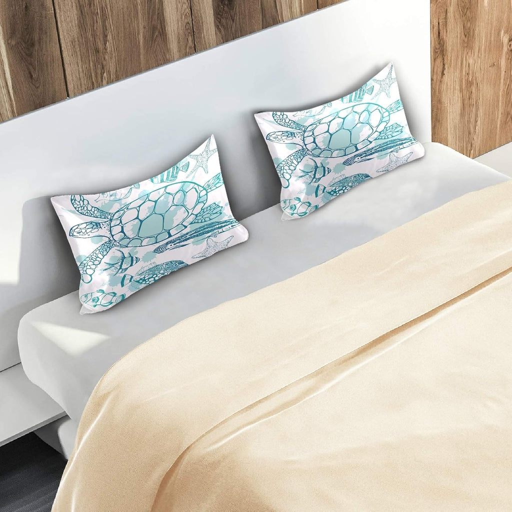 Blueangle Sea Turtle Starfish Satin Pillowcase for Hair and Skin Silk Pillowcase, Queen Size(20x30 inches) - Satin Pillow Covers with…