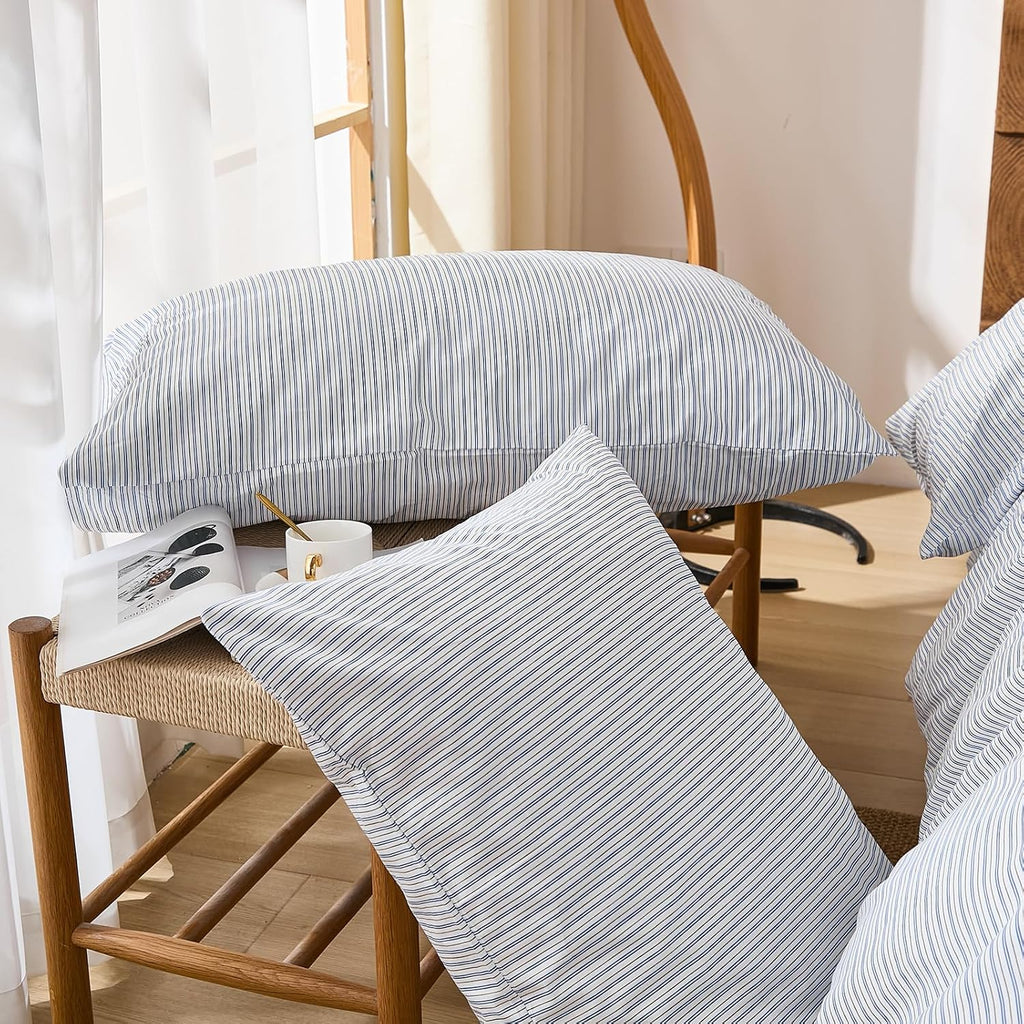 Merryword Blue Striped Pillowcases, 100% Cotton Pillow Cases, Queen Size Pillowcases, Luxury Linen Like Pillowcase, Soft Breathable Pinstri…
