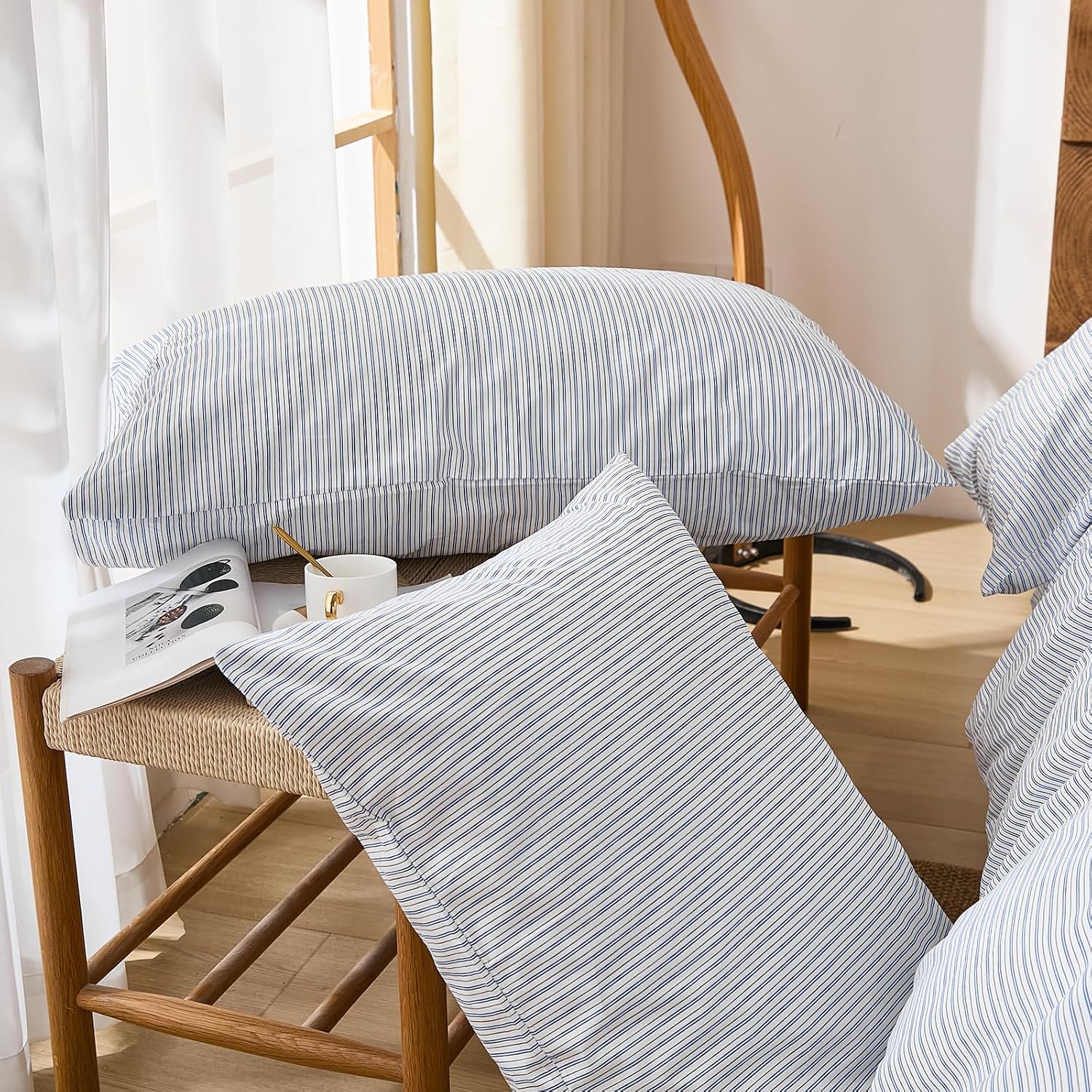 Merryword Blue Striped Pillowcases, 100% Cotton Pillow Cases, Queen Size Pillowcases, Luxury Linen Like Pillowcase, Soft Breathable Pinstri…