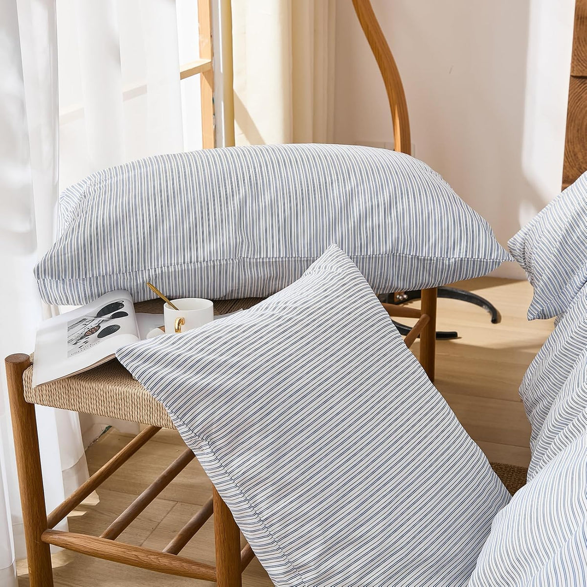 Merryword Blue Striped Pillowcases, 100% Cotton Pillow Cases, King Size Pillowcases, Soft Breathable Pinstripe Pillow Covers, Set of 2 Cott…
