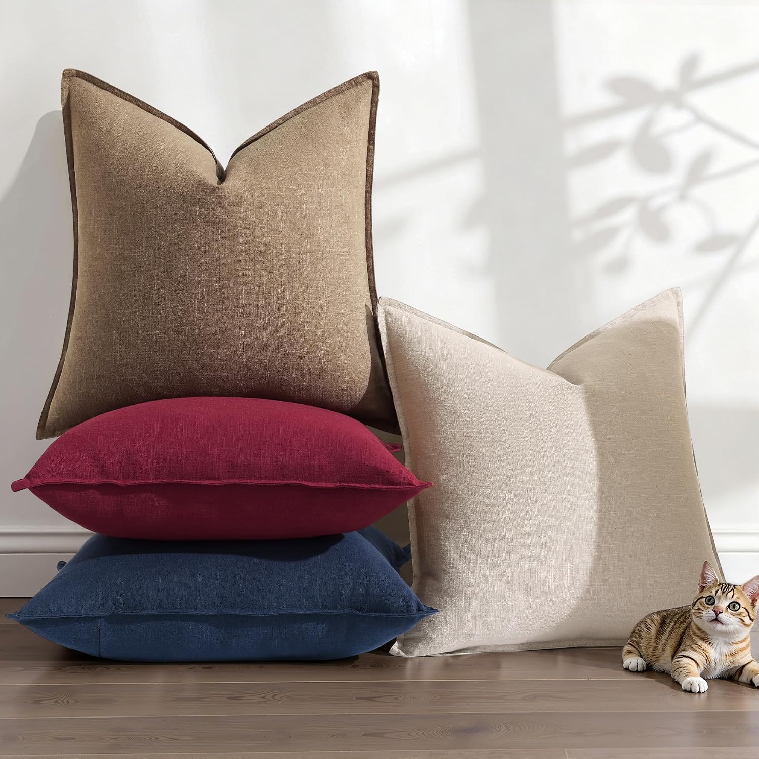decorUhome Summer Decorative Linen Throw Pillow Covers 20x20 Inch Set of 2 Light Brown Pillow Covers with Flange Edges Soft Farmhouse Boho…