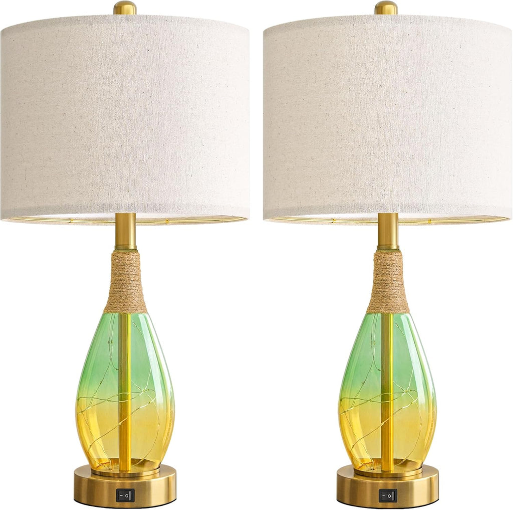 OYEARS 23" Table Lamps Set of 2, Farmhouse Lamps with Glass Nightlight, Bedside Lamps for Living Room, Rattan Lamps for Bedroom…