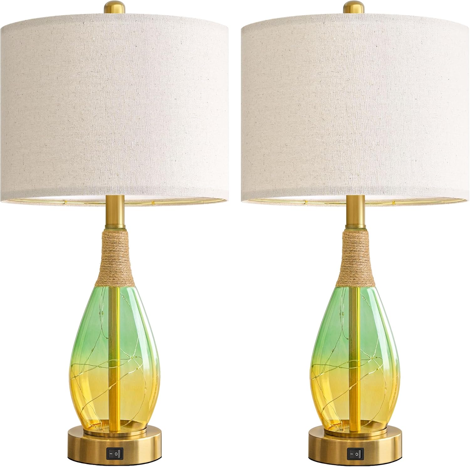 OYEARS 23" Table Lamps Set of 2, Farmhouse Lamps with Glass Nightlight, Bedside Lamps for Living Room, Rattan Lamps for Bedroom…