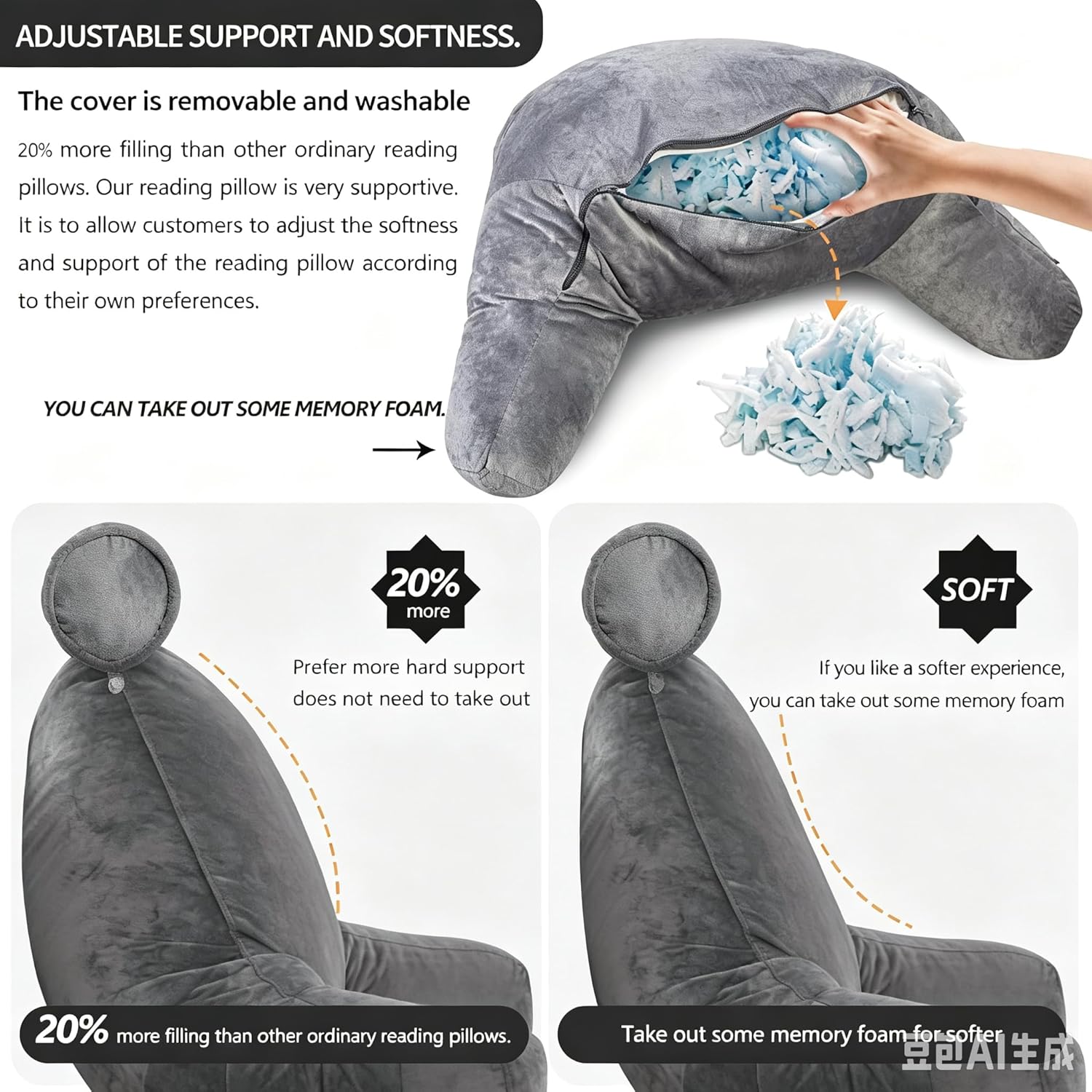 mittaGonG Extra Large Reading Pillow for Sitting in Bed Adult with Detachable Neck Support Cushion & Backrest Pillow for Bed with Arms and…
