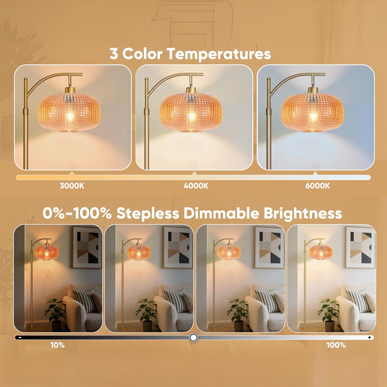 Glass Floor Lamp for Living Room with Amber Glass Lampshade, Dimmable Modern Standing Lamp with 12W LED Bulb, Remote Control Tall Lamp…