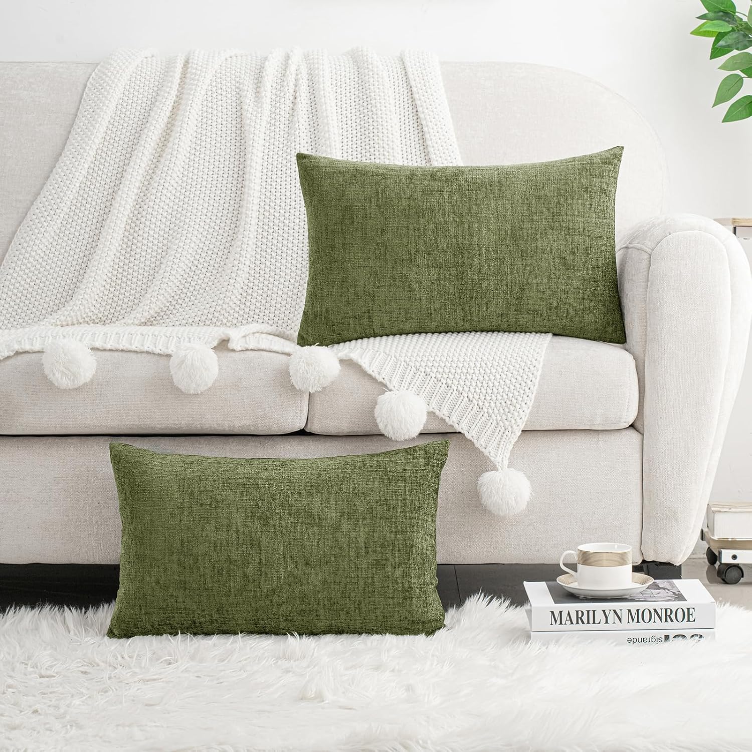 Hwy50 HWY 50 Sage Green Lumbar Pillow Covers 12x20 Inch Pack of 2, Soft Chenille Decorative Throw Pillow Covers Farmhouse for Spring Couch…