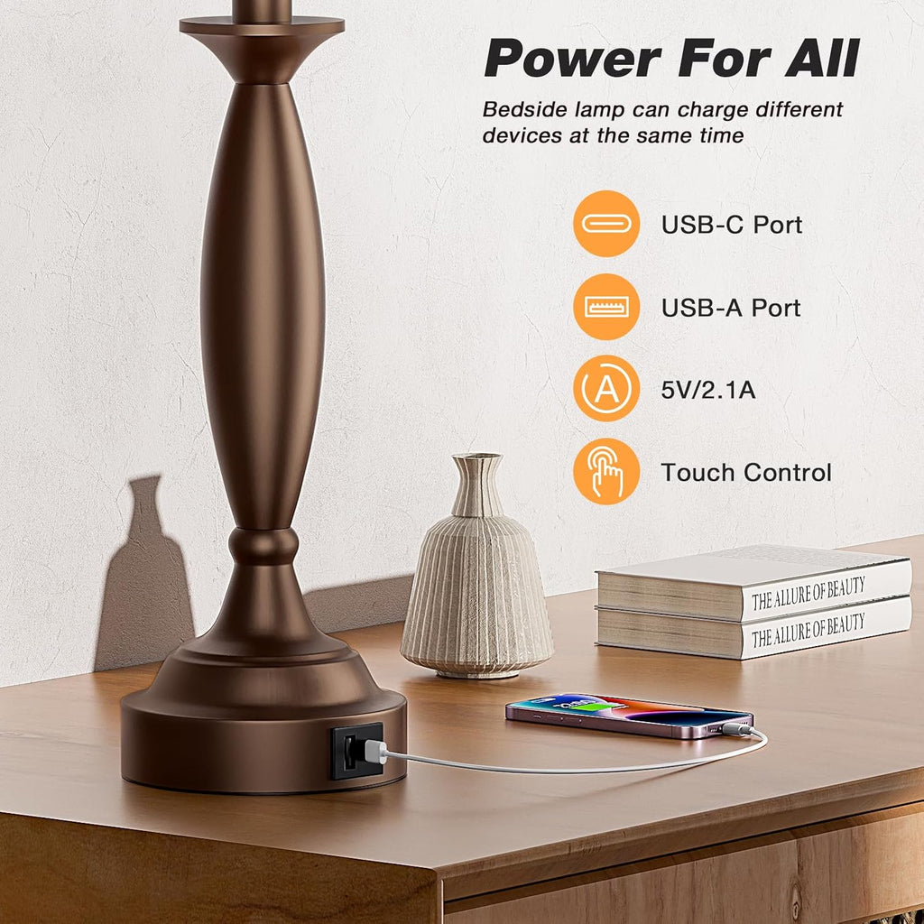 Seealle Beige Brown Lamps for Bedrooms Set of 2 - Touch Control Bedside Lamp with USB C+A, 3 Way Dimmable Nightstand Lamps with USB Port…
