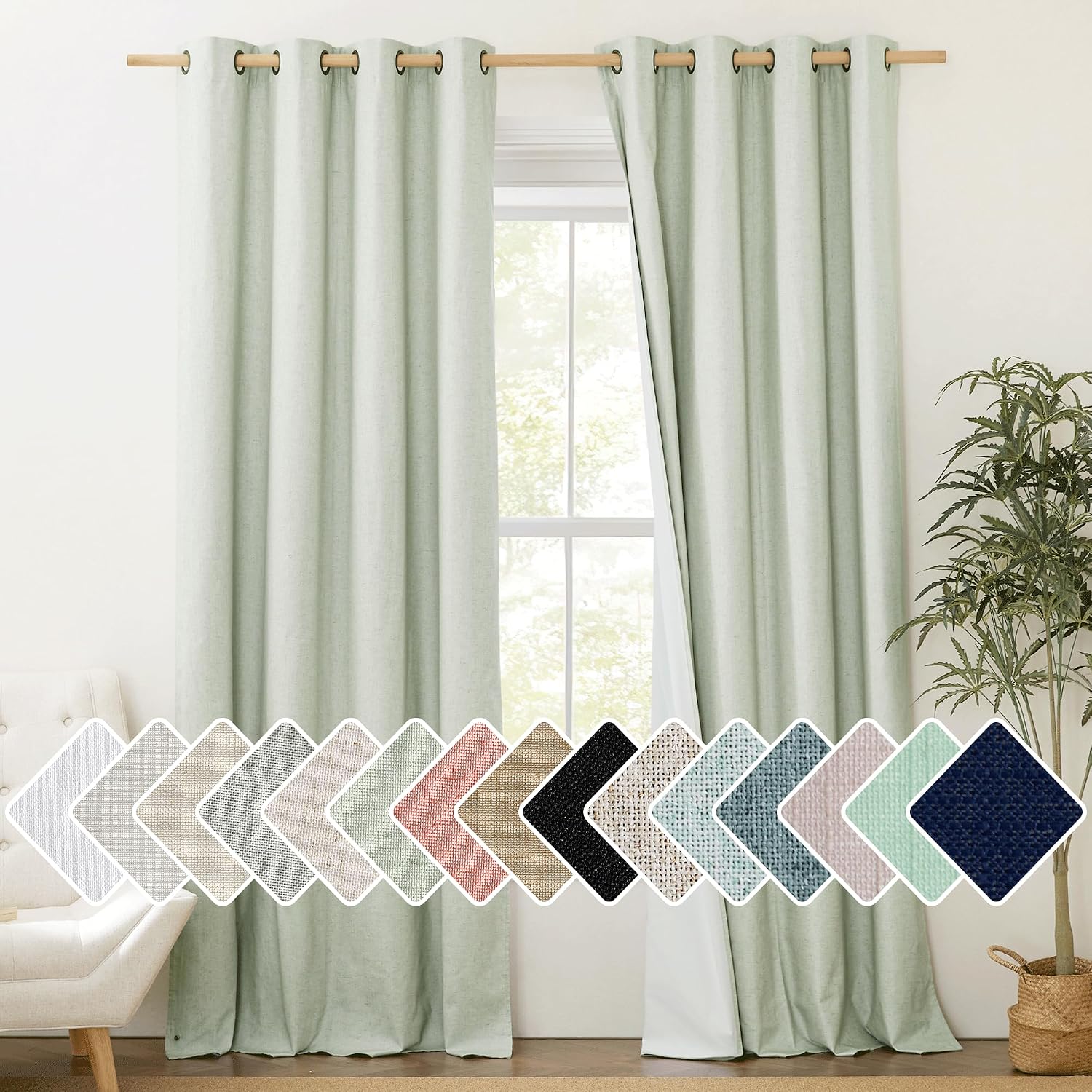 NICETOWN Full Blackout Sage Green Linen Curtains 102 inches Length with Thermal Insulated Liners for Living Room, 2 Panels, 52 inches W…