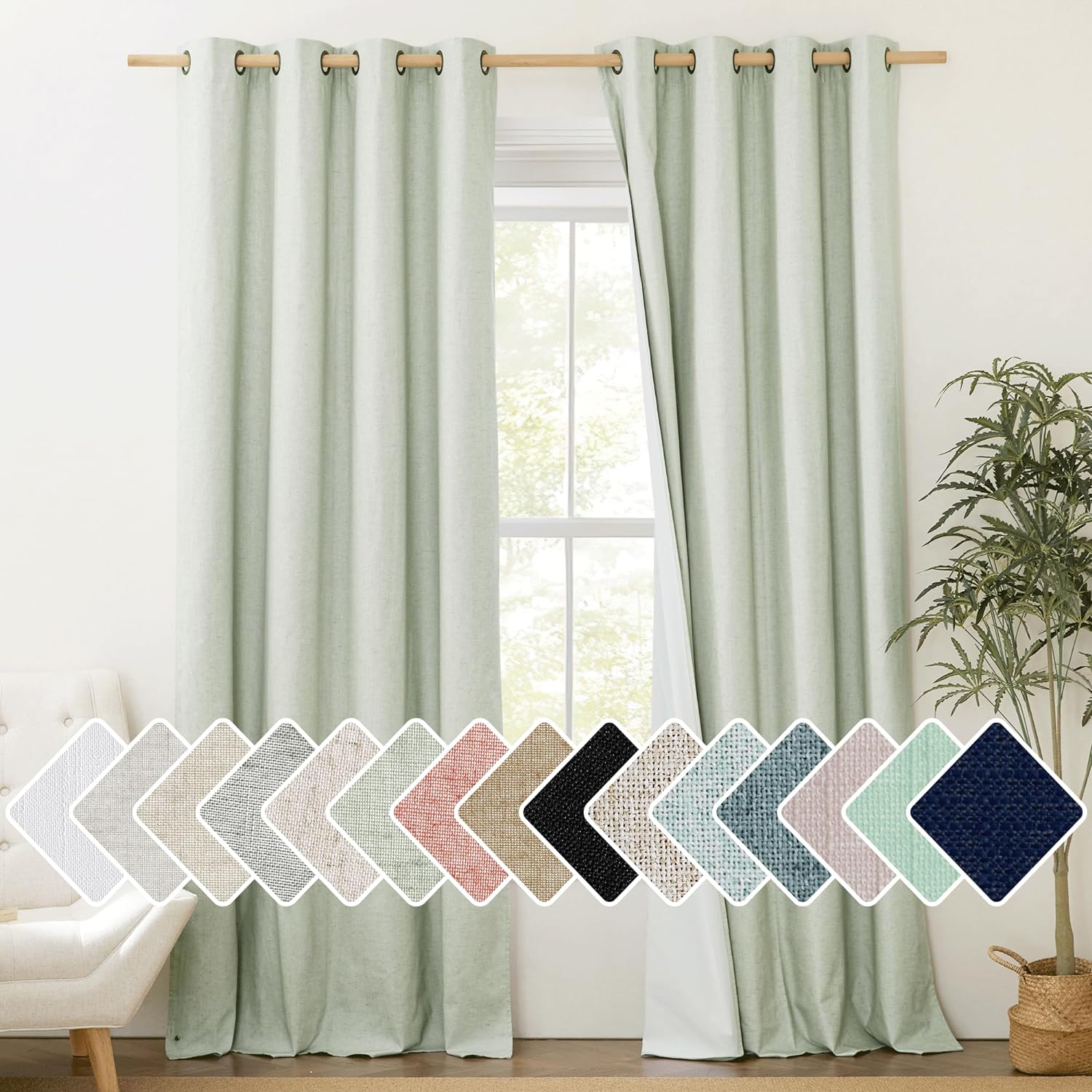 NICETOWN Cold Reducing Full Blackout Sage Green Linen Curtains 108 inches Length with Thermal Insulated Liners, 2 Panels, 52 inches W…
