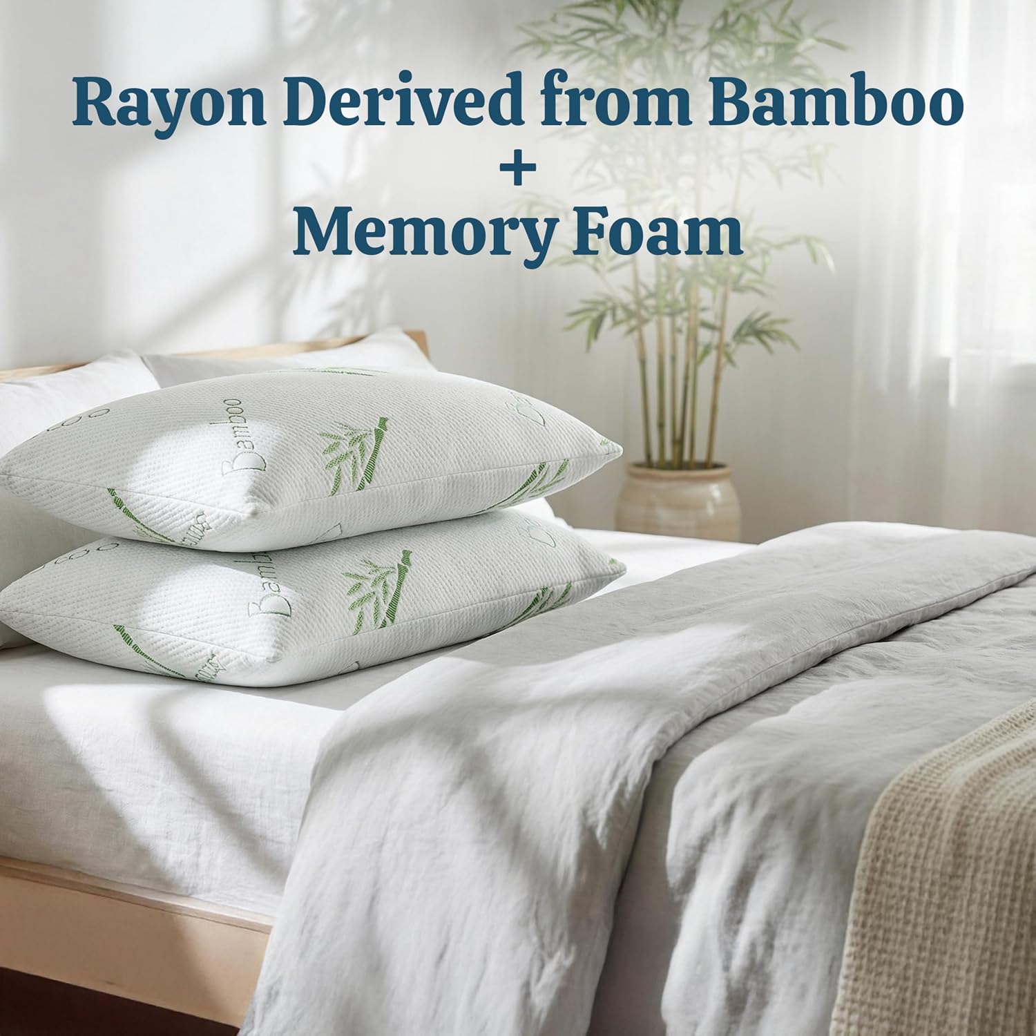 OMEO 2 Pack King Size Rayon Derived from Bamboo Pillow for Sleeping Shredded Memory Foam Bed Pillows for Side, Back and Stomach Sleepers…