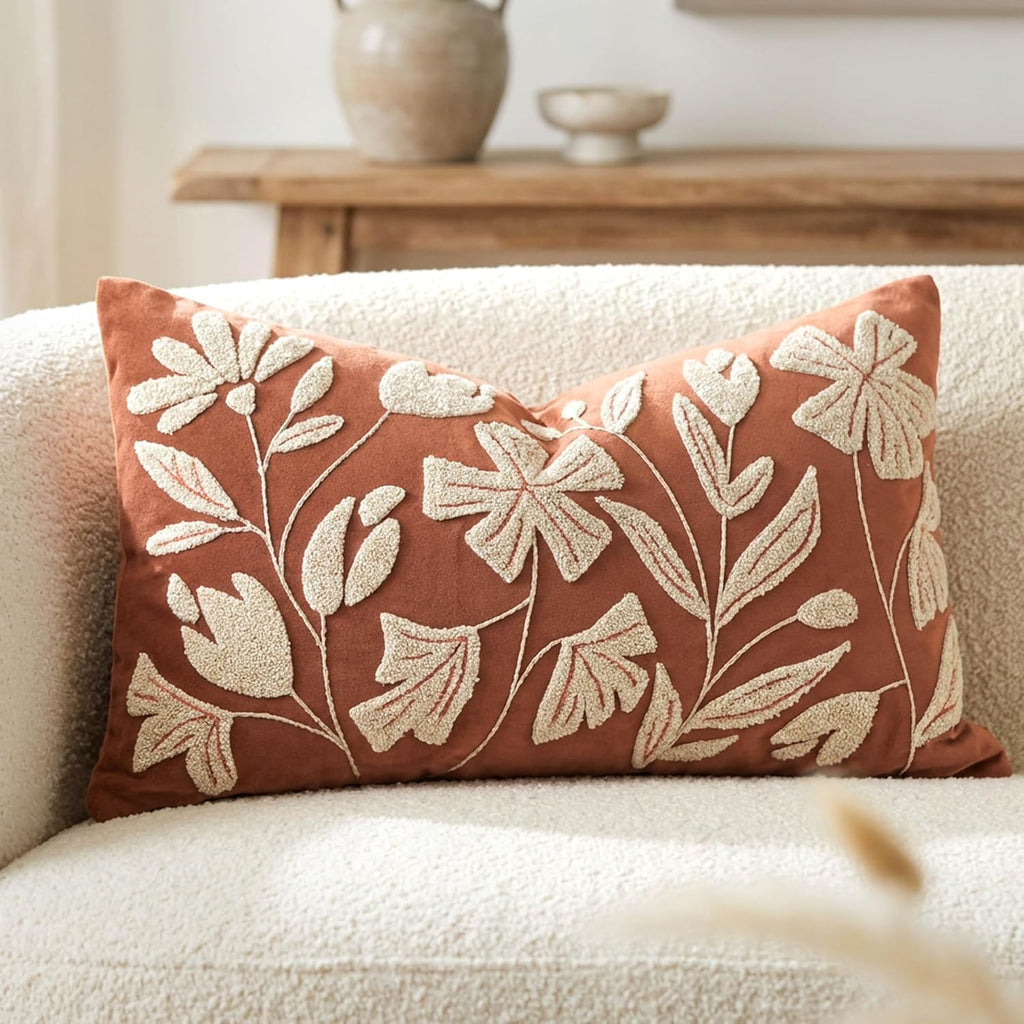 BlissBlush 12x20 Lumbar Pillow Cover, Brick Red Rectangular Decorative Throw Pillowcase for Couch Sofa, Floral Tufted Embroidered Velvet…