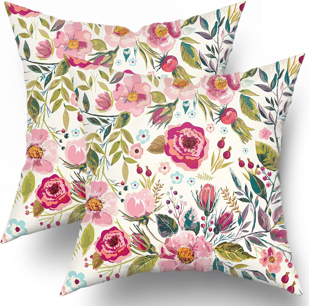 Spring Summer Flower Throw Pillow Covers 20X20 Inch Watercolor Peony Pillowcase Hot Pink Floral with Green Leaves Girly Decorative Square…