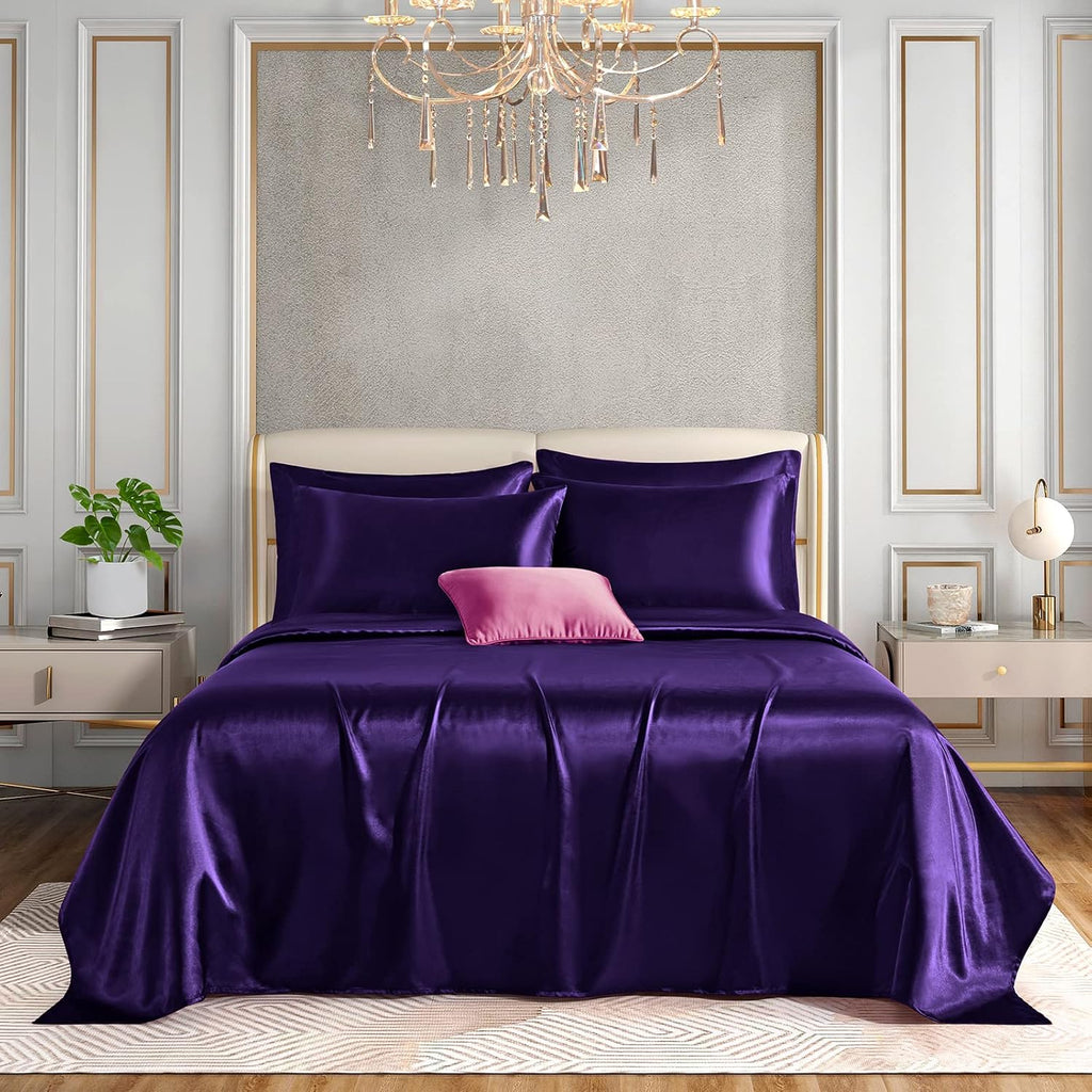 Horbaunal 6 Piece Satin Sheet Set Queen Size Luxury Silky & Soft Purple Satin Queen Bed Sheet Set with 16" Deep Pocket, 1 Fitted Sheet, 1 F…