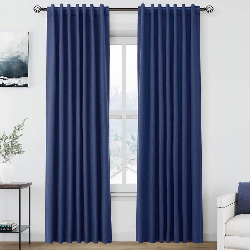 Nanspring Classic Blue 100% Blackout Linen Curtains 84 Inch Length 2 Panels Set for Bedroom Back Tab Modern Coastal Decor Black Out Curtain…